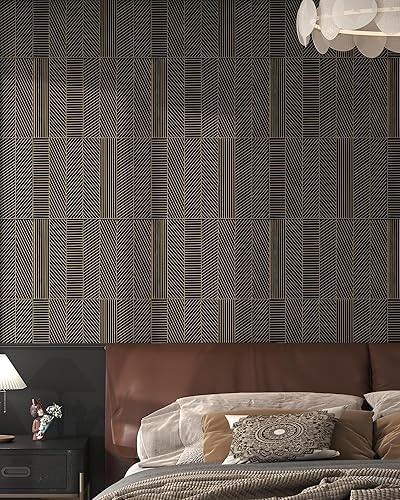 Miniatura 2 de Papel tapiz moderno de despegar y pegar de 17.3 x 78.8 pulgadas, papel de pared autoadhesivo con rayas geométricas, papel tapiz dorado y blanco,
