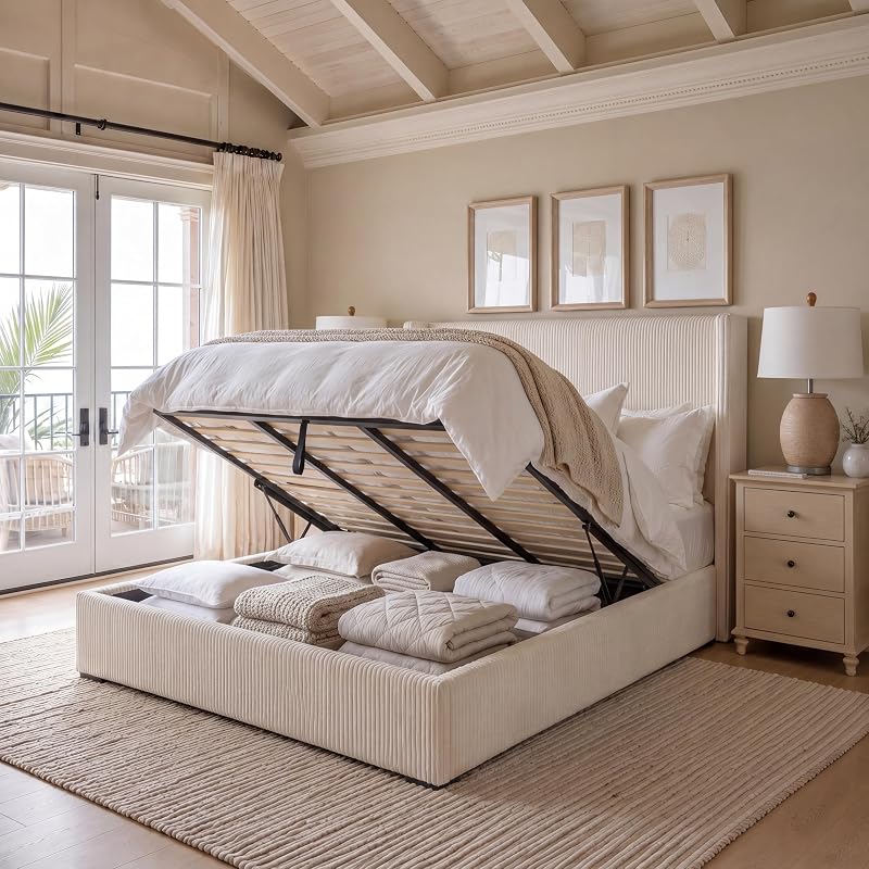 Brafab Lift Up Storage Queen Bed Frame, Corduroy Upholstered Platform Bed, Hidden Under-Bed Storage and Wingback Headboard