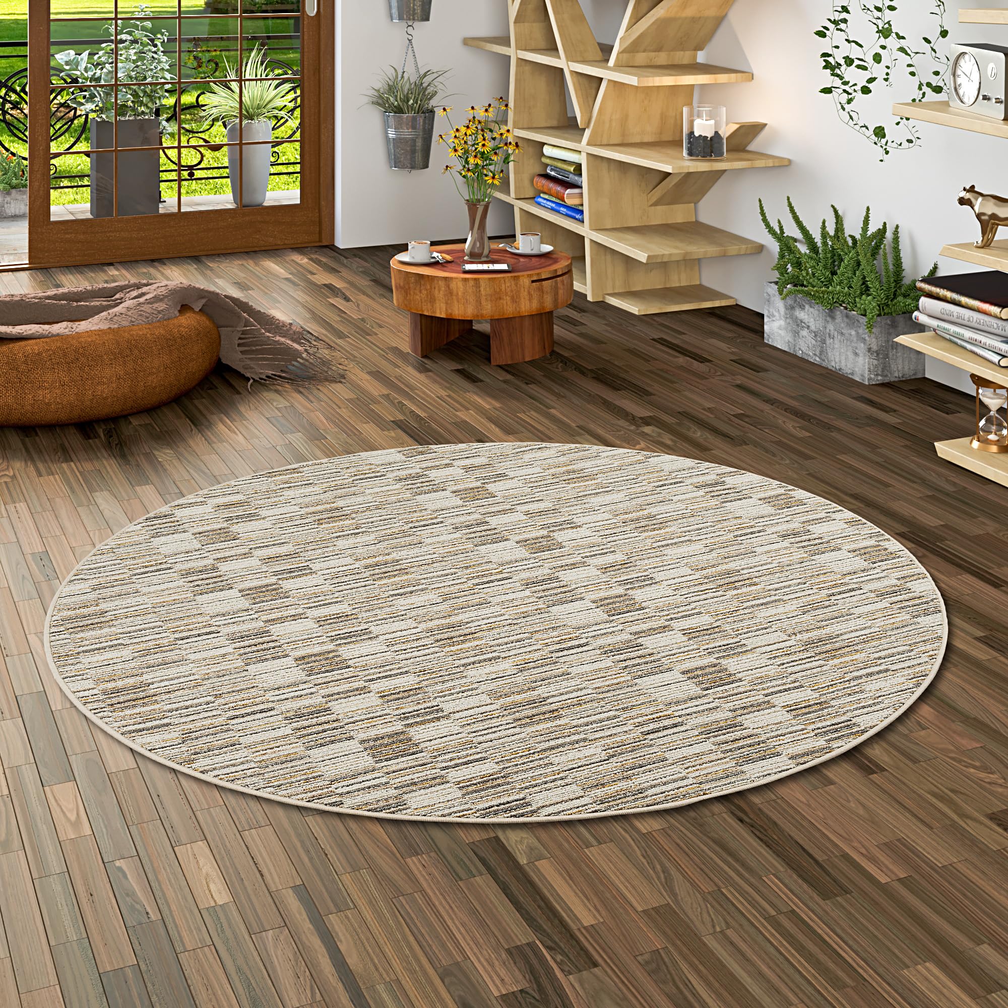 Snapstyle Modern Stripes - Alfombra bereber Rayada - Beige - Redondo - 4 tamaños