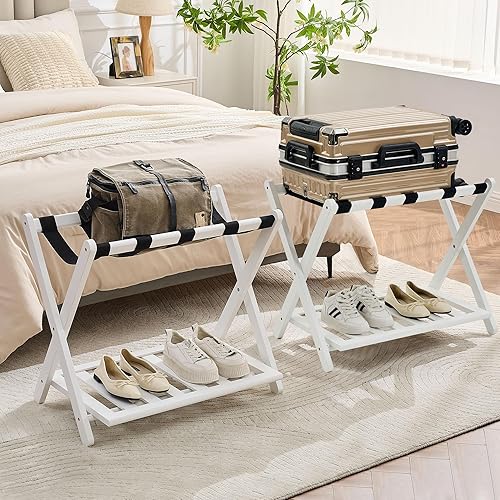 Bastidores de equipaje totalmente montados, paquete de 2, soporte plegable de bambú mejorado para maleta con 5 correas de nailon, soporte de