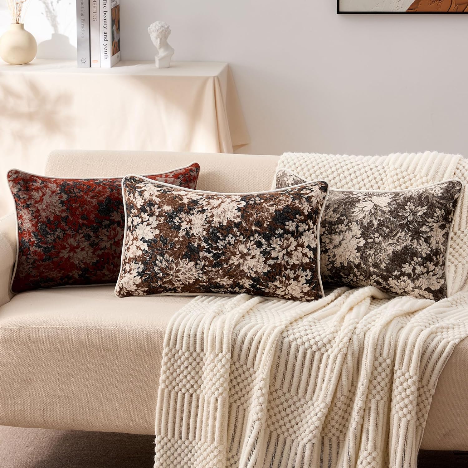 Allorry Vintage Brown Floral Throw Pillow Covers 12x20 Set of 2 Soft Chenille Boho Decorative Square Cushion Covers for Neutral Modern Farmhouse Sofa Bedroom Living Room Decor SY016-A12