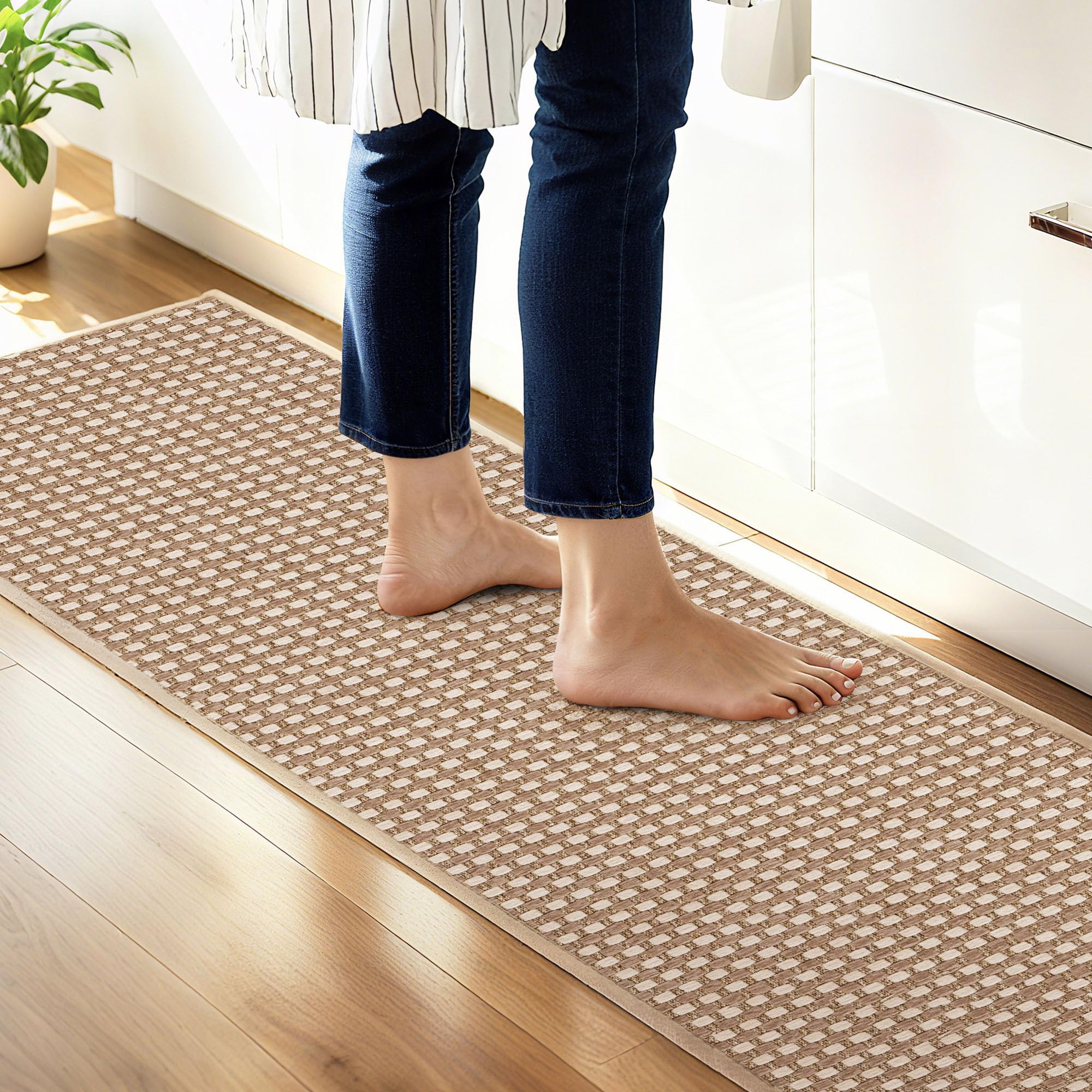 Carvapet Kitchen Mats for Floor, Super Absorbent Kitchen Rugs Non Slip Washable, Rubber Backing Soft Chenille Braided Kitchen Floor Mat Standing Mat Sink Mat(Brown Checkered, 43 * 150cm)