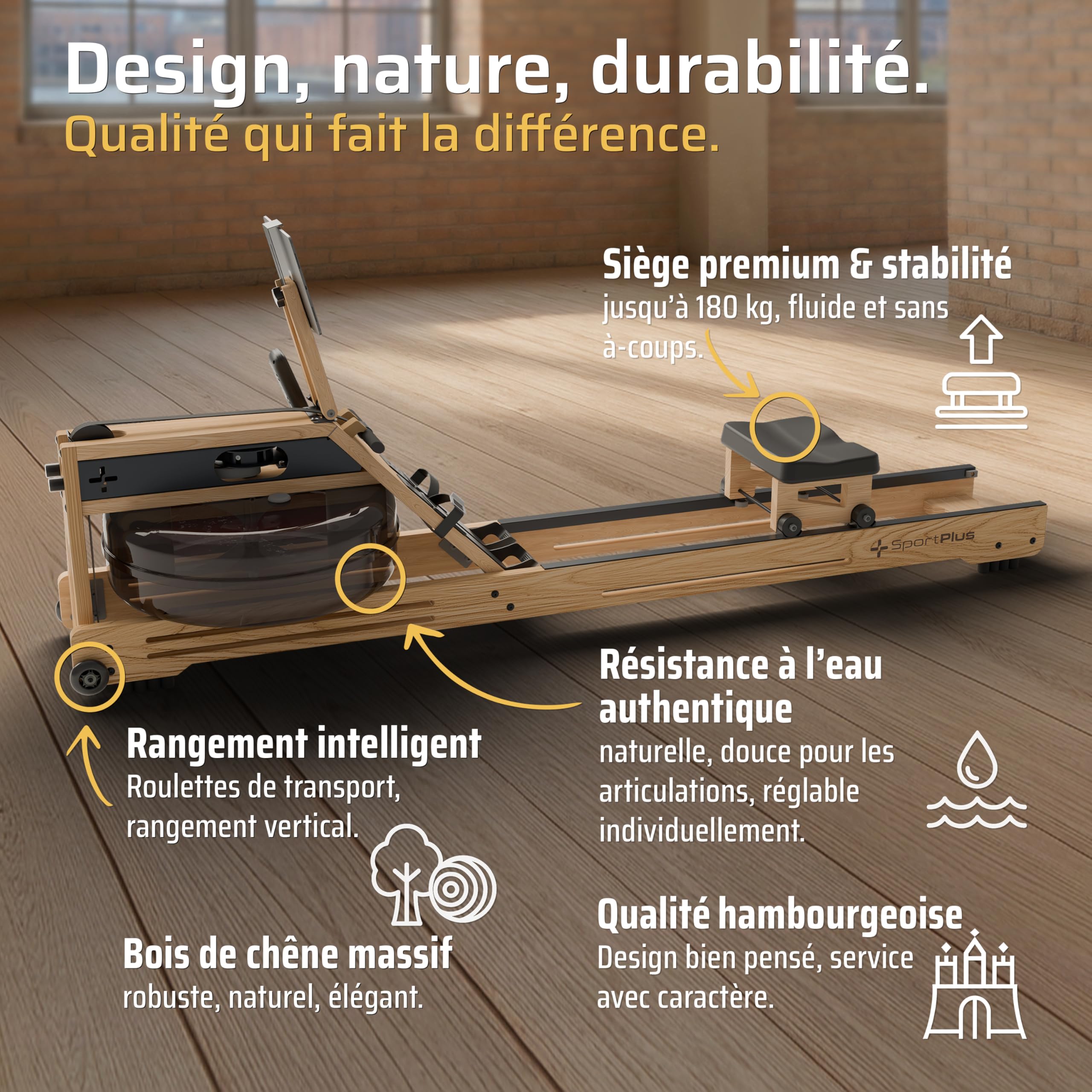 SportPlus Rameur à Eau En Chêne Massif FSC® – Résistance Réglable Par Niveau D’eau, Ordinateur De Bord, Support Tablette – Rameur Naturel Et Silencieux Pour La Maison