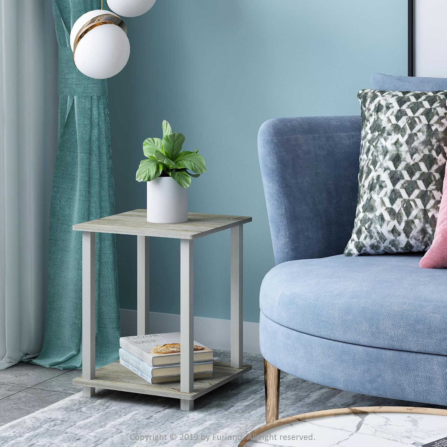 Furinno SIMPLISTIC Side Table Set of 2, 2-Tier Square Modern End Table, Nightstand, Night Stand, Bedside Table, Toolless Assembly, for Living Room, Bedroom, Sonoma Oak Sonoma Oak/White 2-Pack, Plastic Pole