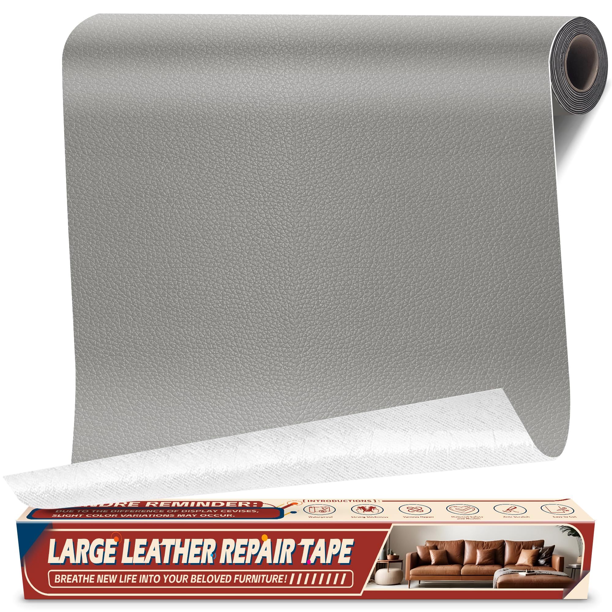 Leather Repair Tape Patch, 17" x 79" Self Adhesive Leather Patches for Furniture,Vinyl Repair Kit for Car Seat, Couch, Chairs, Boat Seat, Sofa Grey