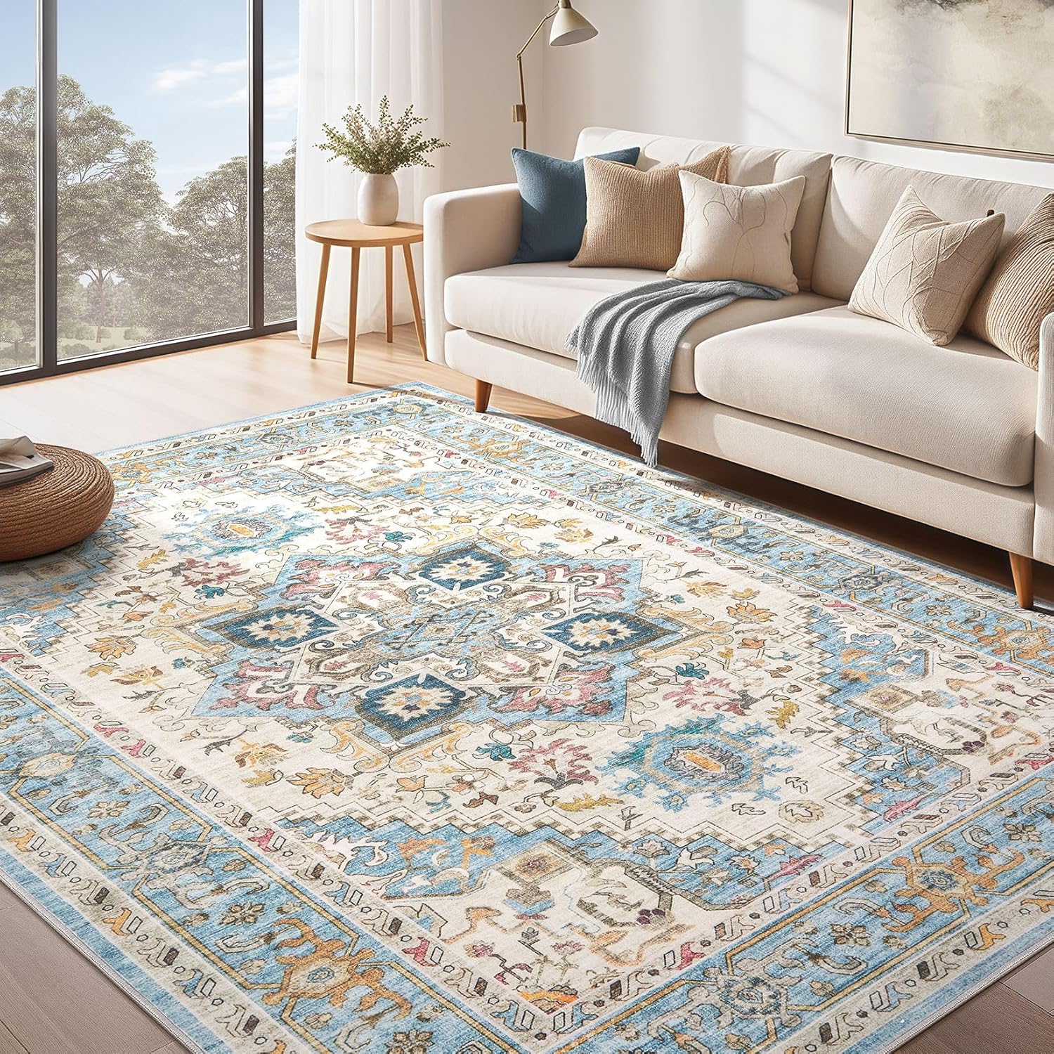 Washable Rug 8x10 Area Rugs: Boho Vintage Distressed Oriental Medallion Neutral Thin Large Rug Carpet for Living Room Bedroom Dining Room Home Office Decor - Beige Blue