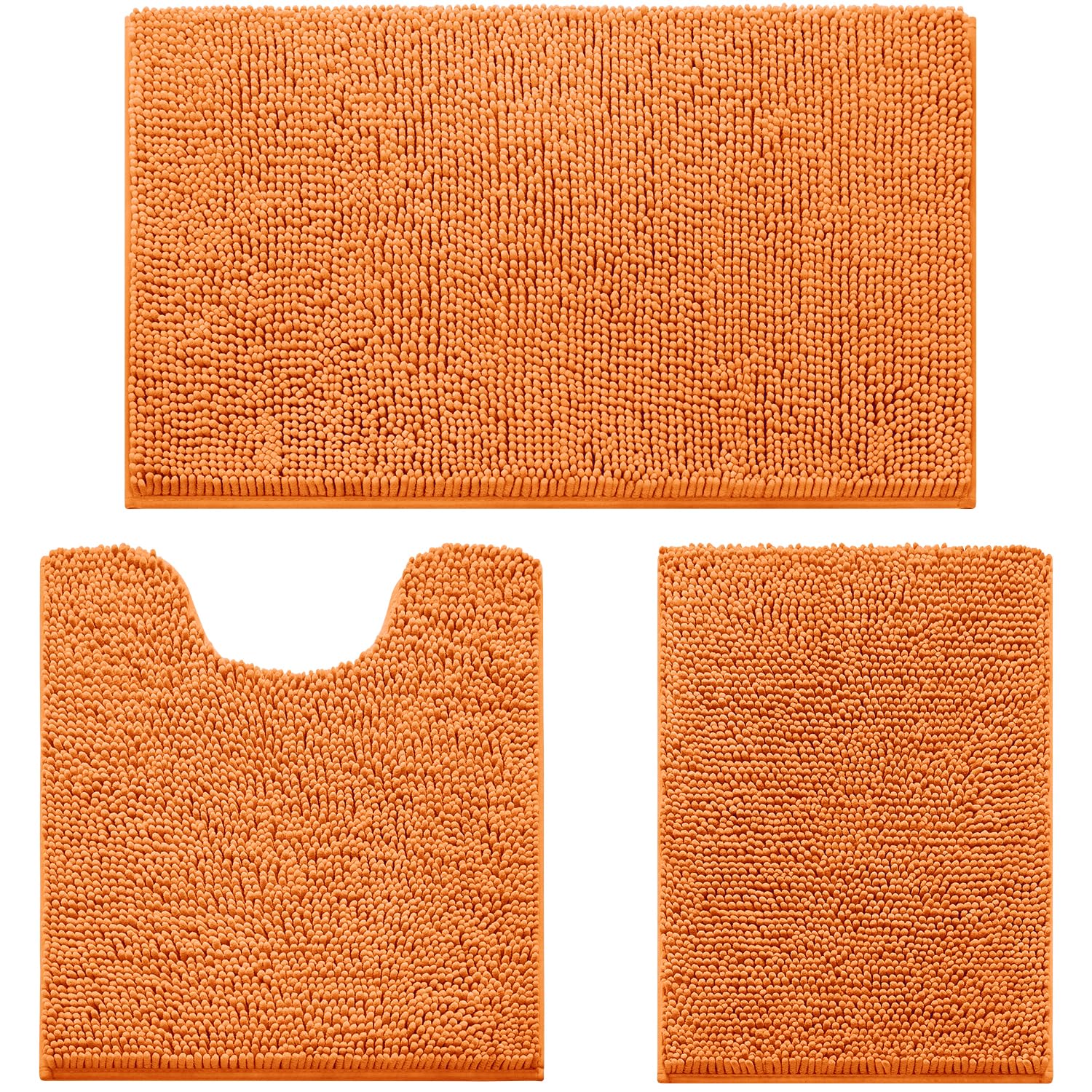 HOMEIDEAS 3 Pieces Bathroom Rugs, Ultra Soft Non Slip Absorbent Chenille Toilet Bath Mat Set (Orange)