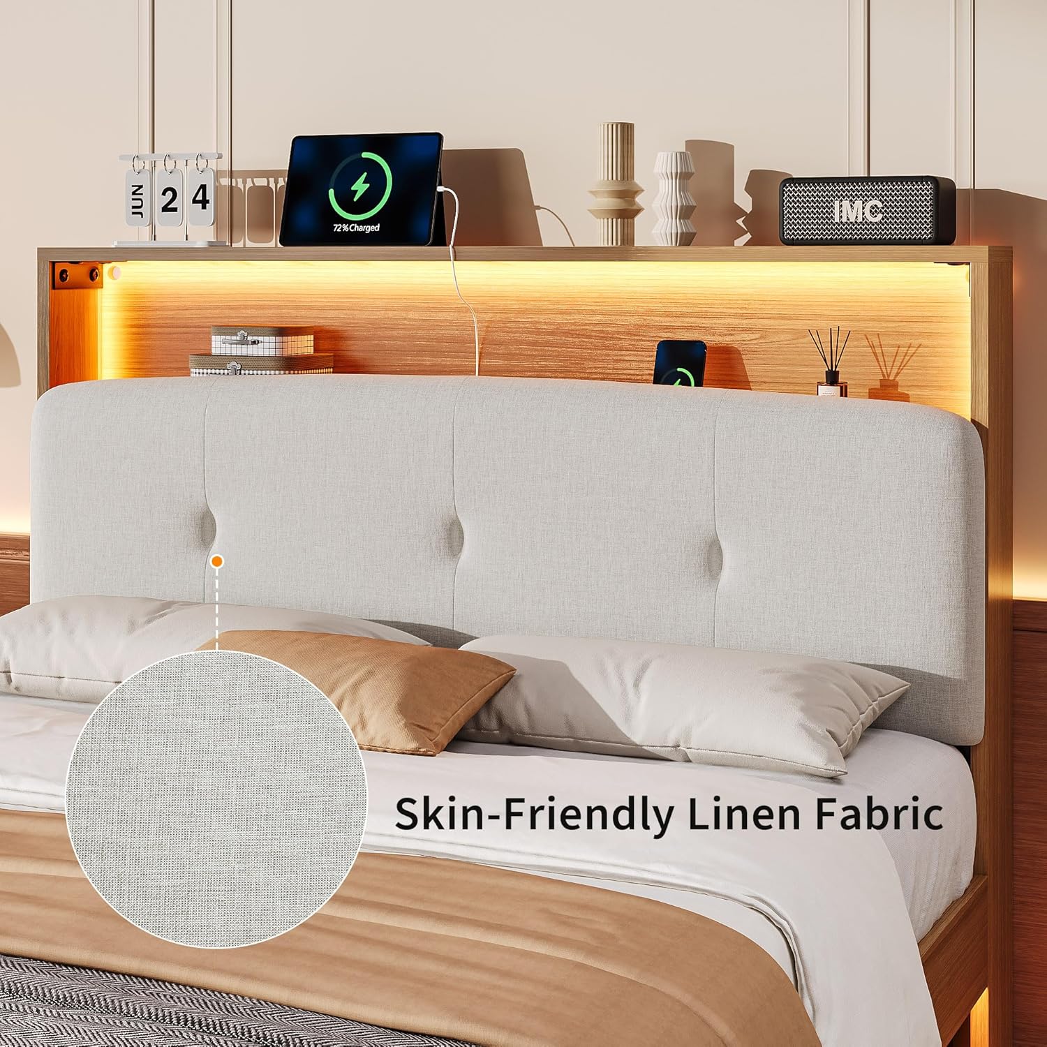 Einhomn Floating Bed Frame Full with 2-Tier Storage Linen Fabric Upholstered Headboard, Wooden Platform Bed Frame w/Charging Station & LED Lights, Metal Slats Support, No Box Spring Needed, Walnut