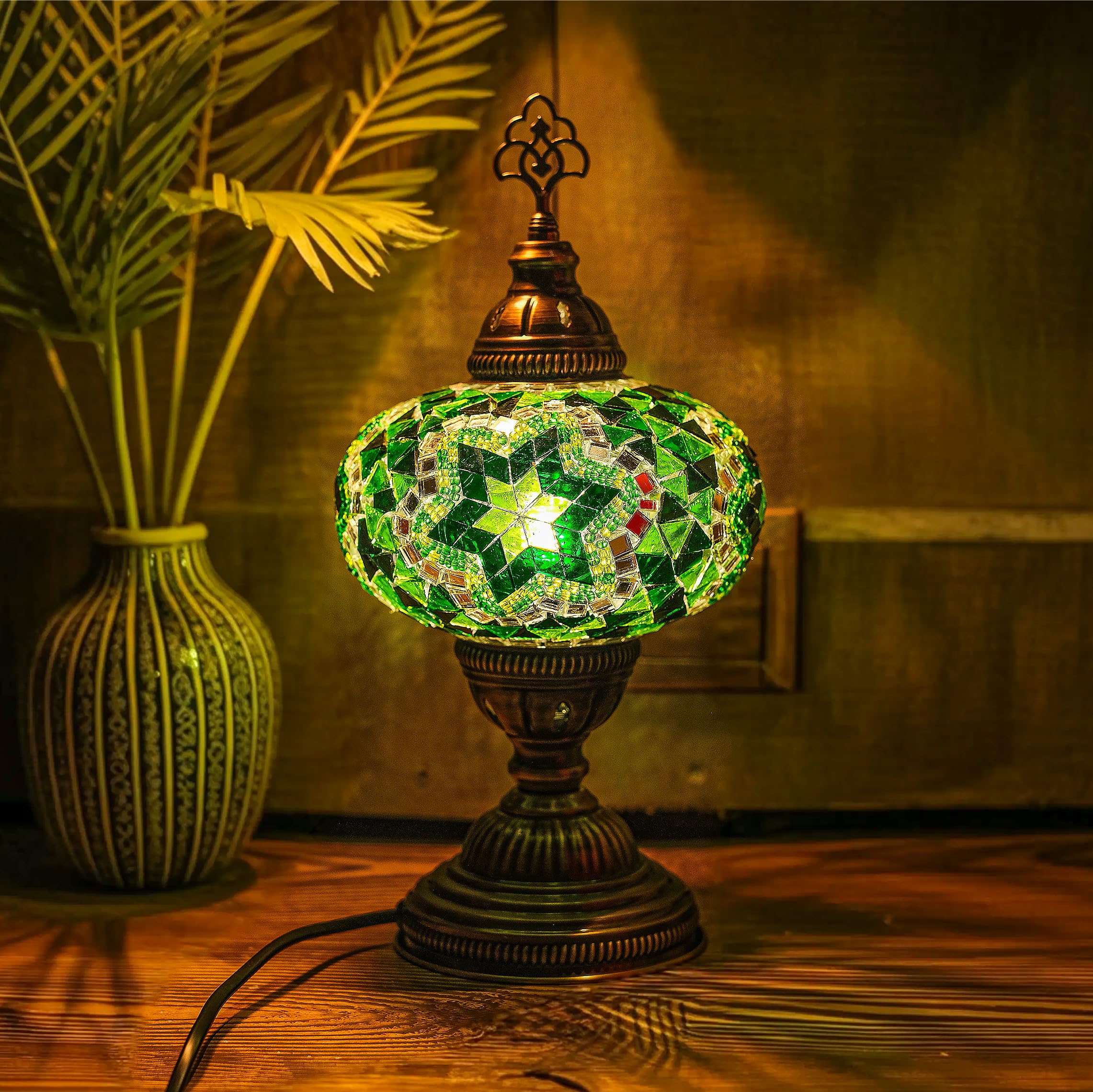 Mozaist Turkish Lamp, Mosaic Table Lamp, Antique Moroccan Decorative Glass Bohemian Vintage Lamp Shade, Small Desk Tiffany Bedside Stained Glass Lamp with US Plug and E12 Socket