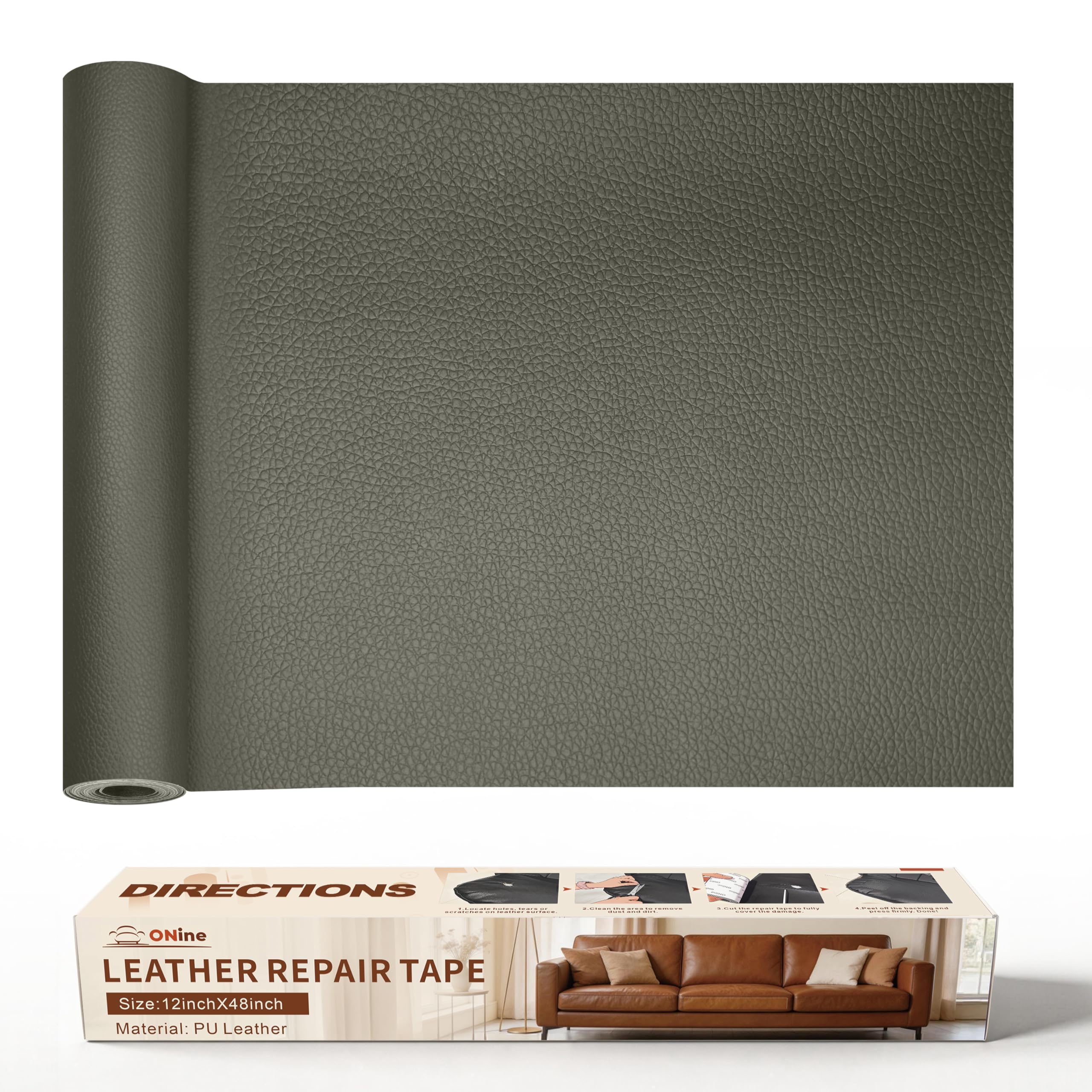 ONine Leather Repair Patch，Leather Repair Tape, 12 x 48 inches Leather Repair Patch for Furniture,Vinyl Repair Kit，Leather Couch Patch，for Sofas, Furniture, Car Seats, Office Chairs(Grey-Litchi Grain)