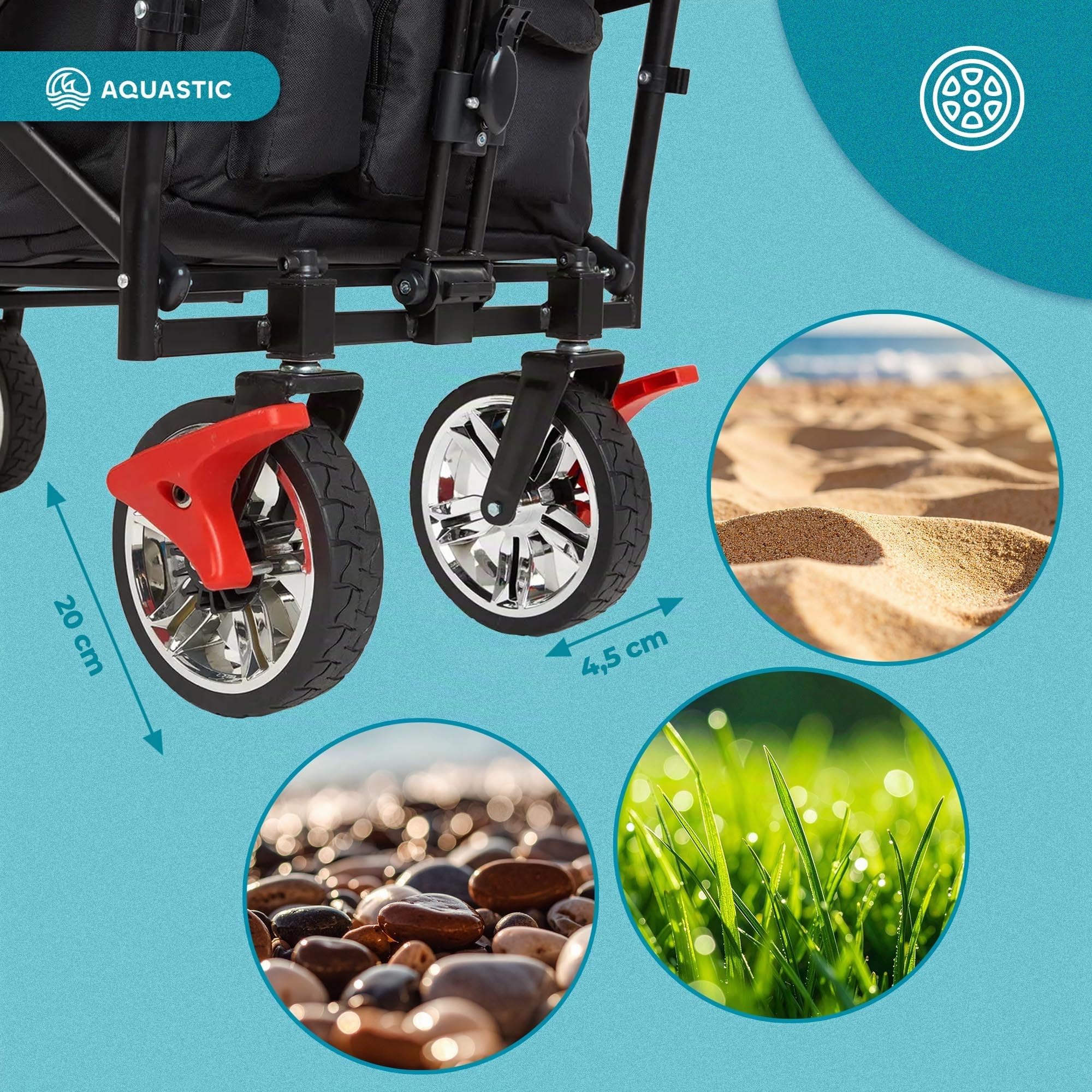 AQUASTIC Carrello pieghevole da 109 l, carico 90 kg, ruote larghe in gomma con freni, baldacchino, imbracature, borsa termica e custodia – nero