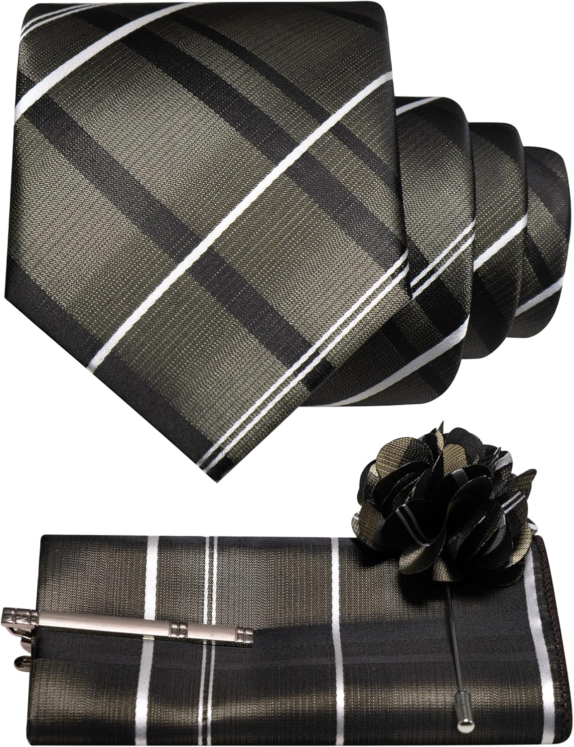 JEMYGINS Mens Striped Tie and Pocket Square with Tie Clip Lapel Pin Set 4PCS