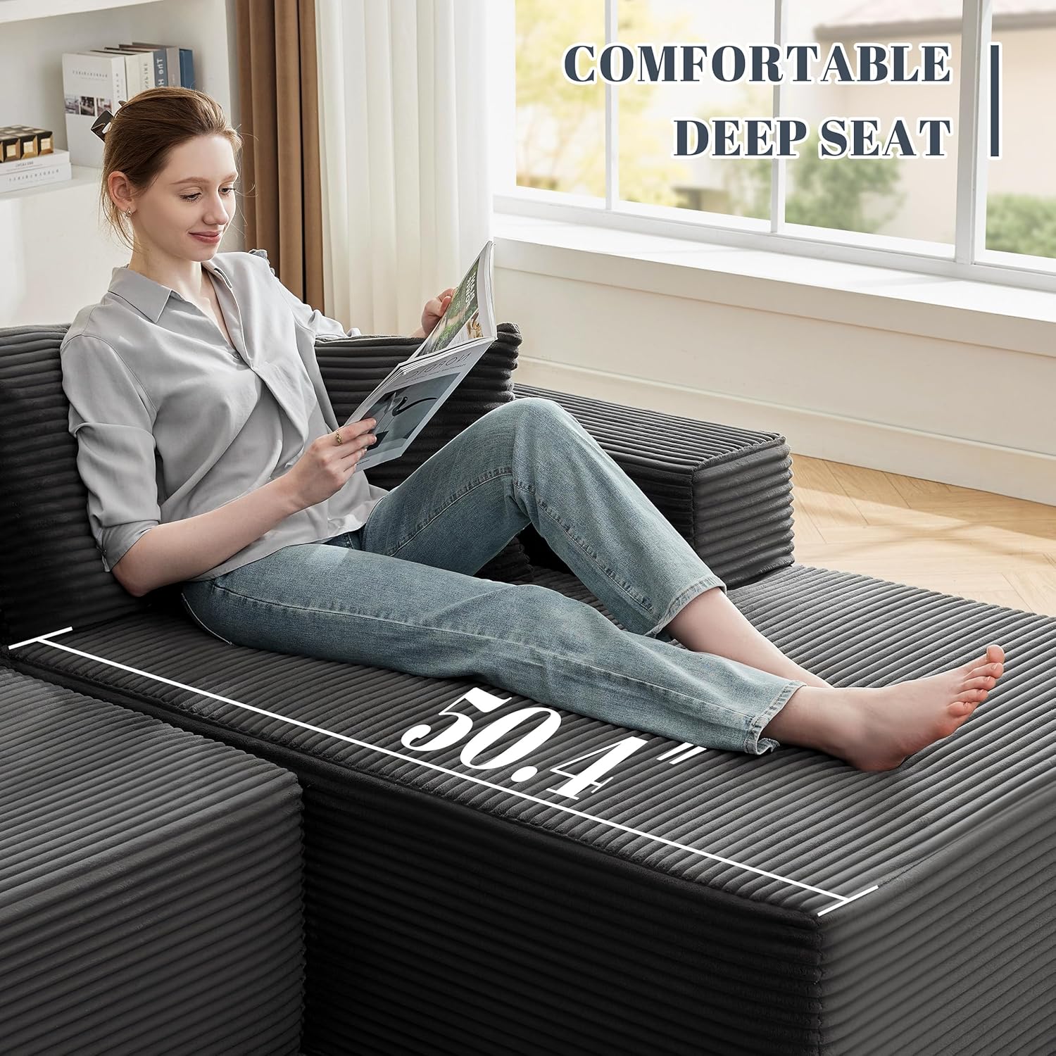 110” Dark Grey Cloud Modular Sectional Sofa L-Shaped Chaise Deep Seat No Assembly