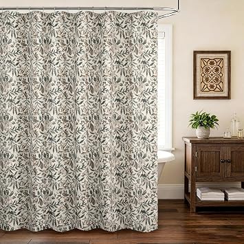 MUGINYU Vintage Floral Linen Shower Curtain, Antique Flower Block Print, Neutral Brown Traditional Boho Farmhouse Bath Decor, 72" W x 72" L