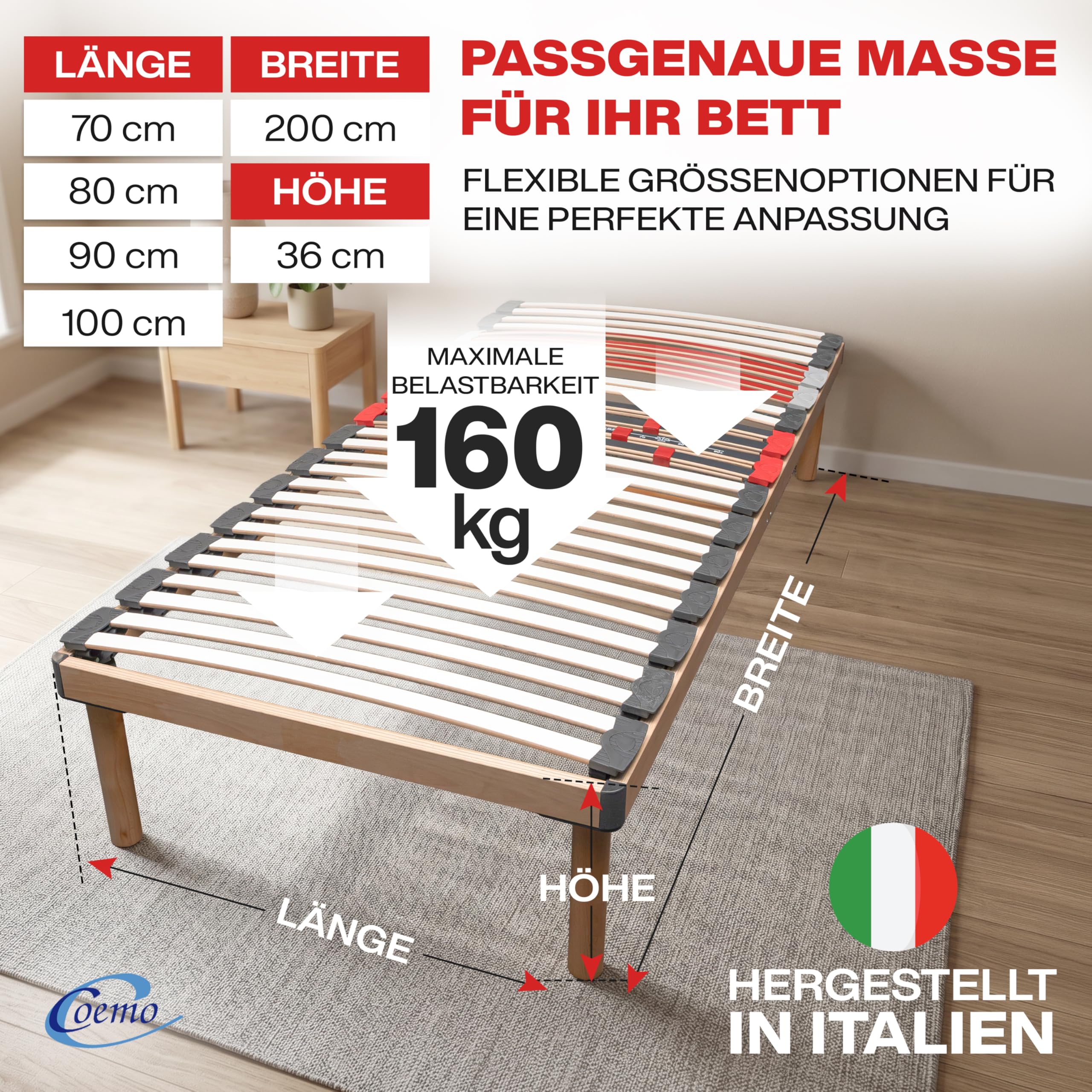 Coemo Komplettbett Dorado, 90x200 cm, Buche, Made in Italy