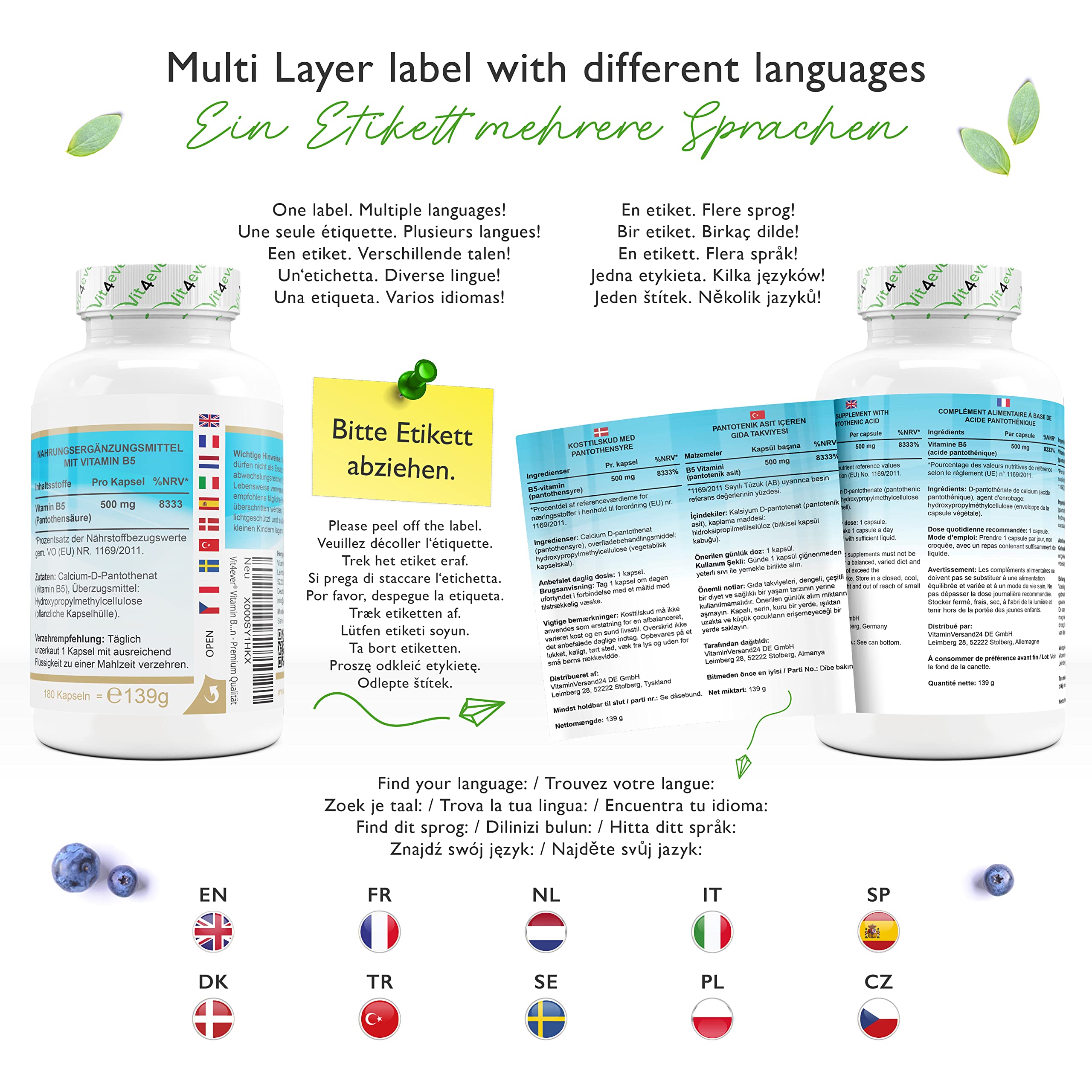 Vitamine B5 avec 500 mg - 180 Capsules - Acide pantothénique - Hautement dosé - Vegan - Vitamine B pour la peau et les nerfs