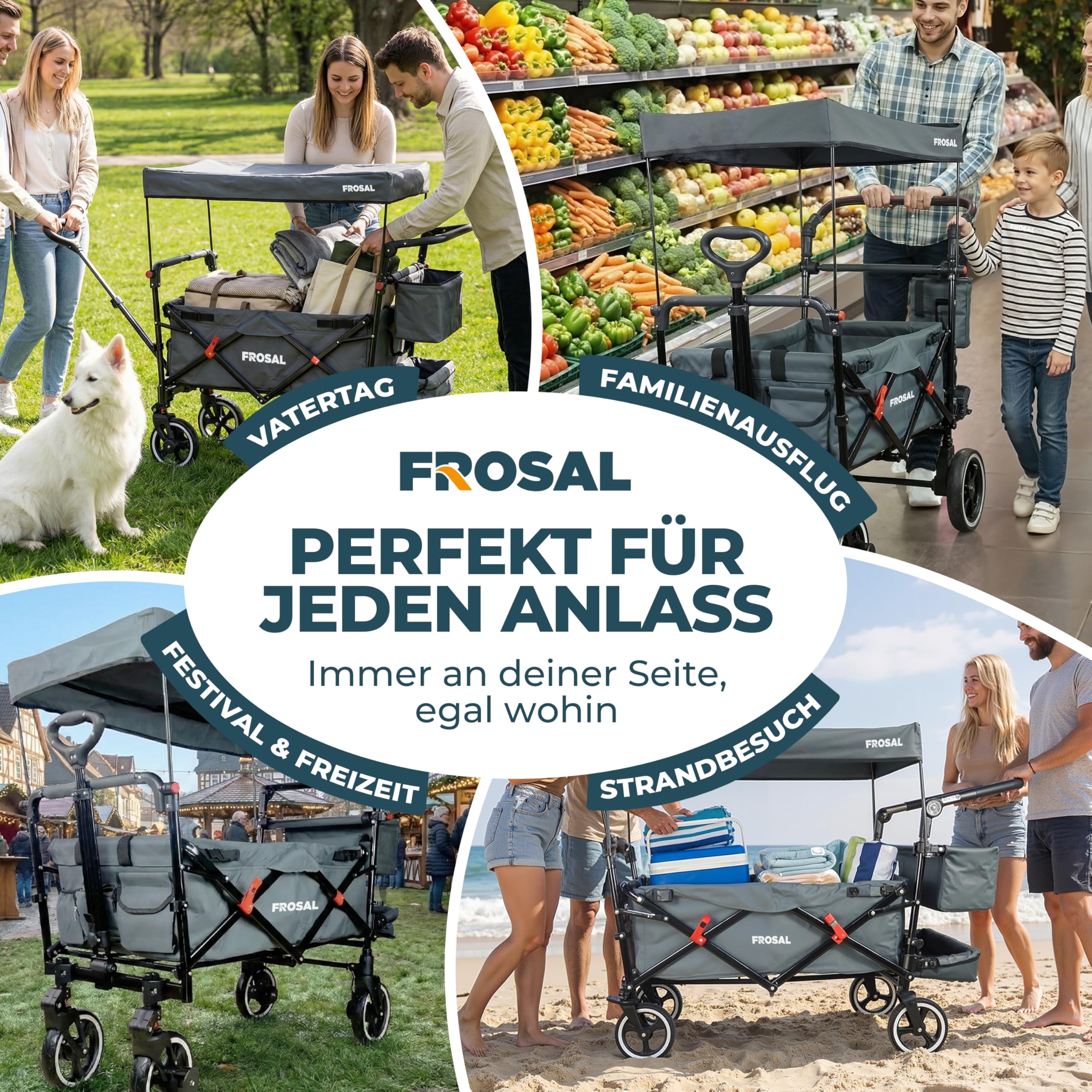 FROSAL Bollerwagen Paul faltbar mit Dach – Handwagen klappbar für Kinder, Strand, Camping & Garten – 80kg belastbar – gefederte Räder, Bremse, Schiebegriff & Zugstange – grau
