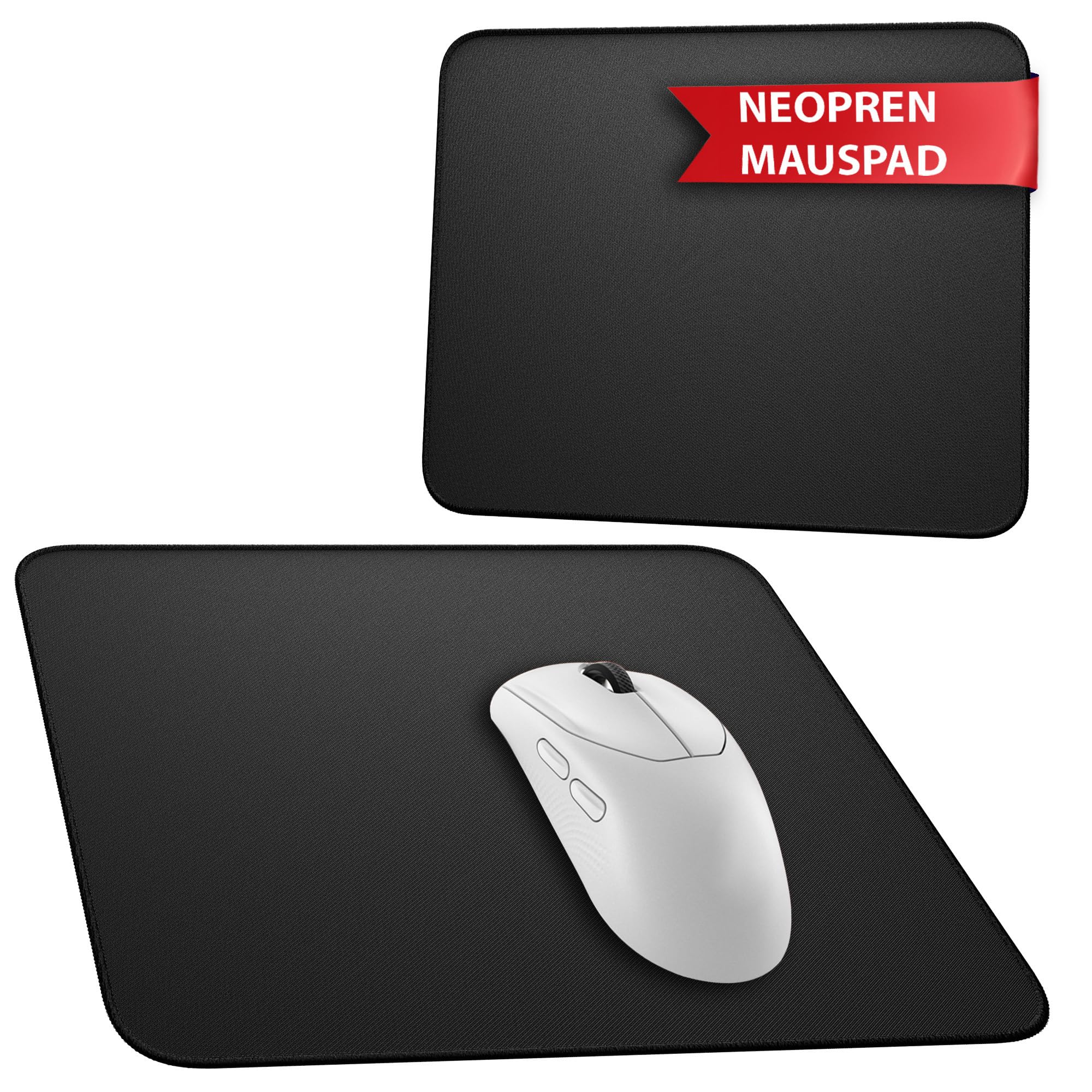 Wortek Mauspad, klein, 24 x 20 cm – schwarze Schreibtischunterlage aus Neopren – genähte Kanten – rutschfeste Gummibasis