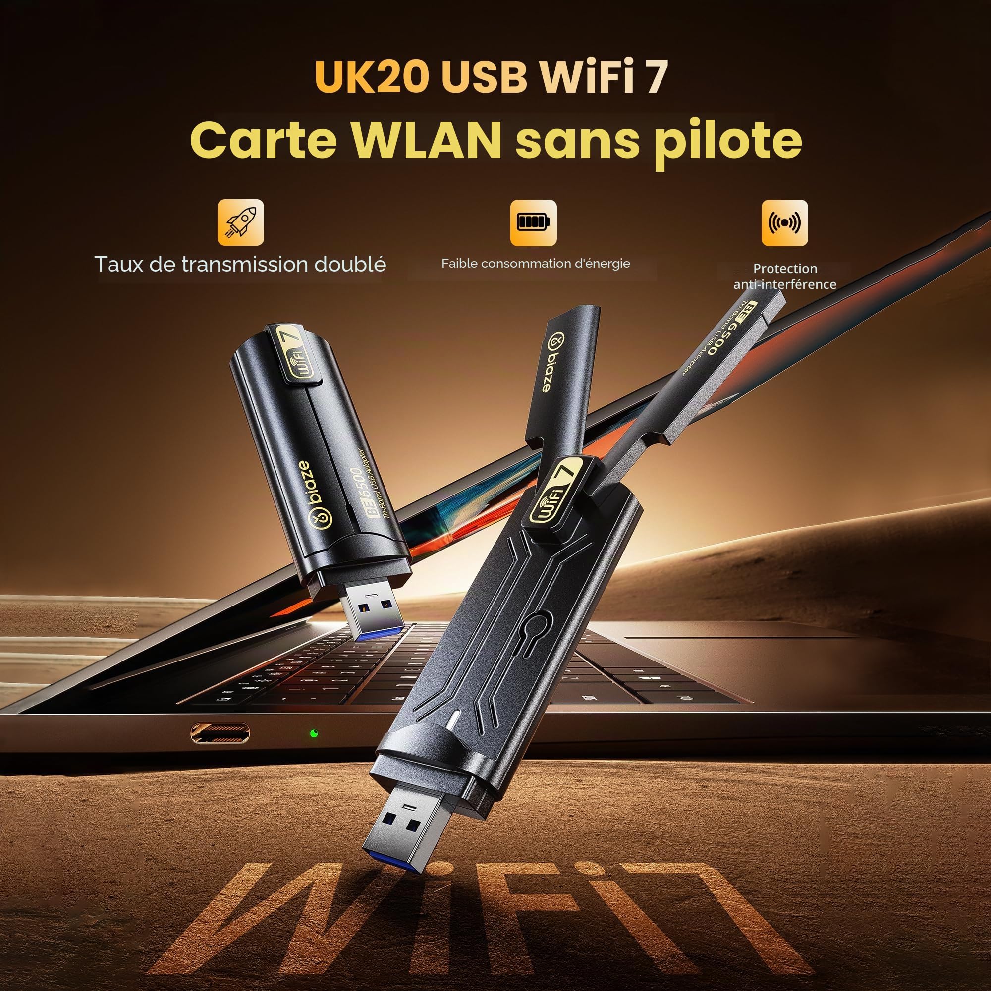 UK20 Clé WiFi 7 Dongle, USB 3.0 pour PC Windows 10/11, 2.4G/5G/6G, cryptage WPA3, MU-MIMO, OFDMA