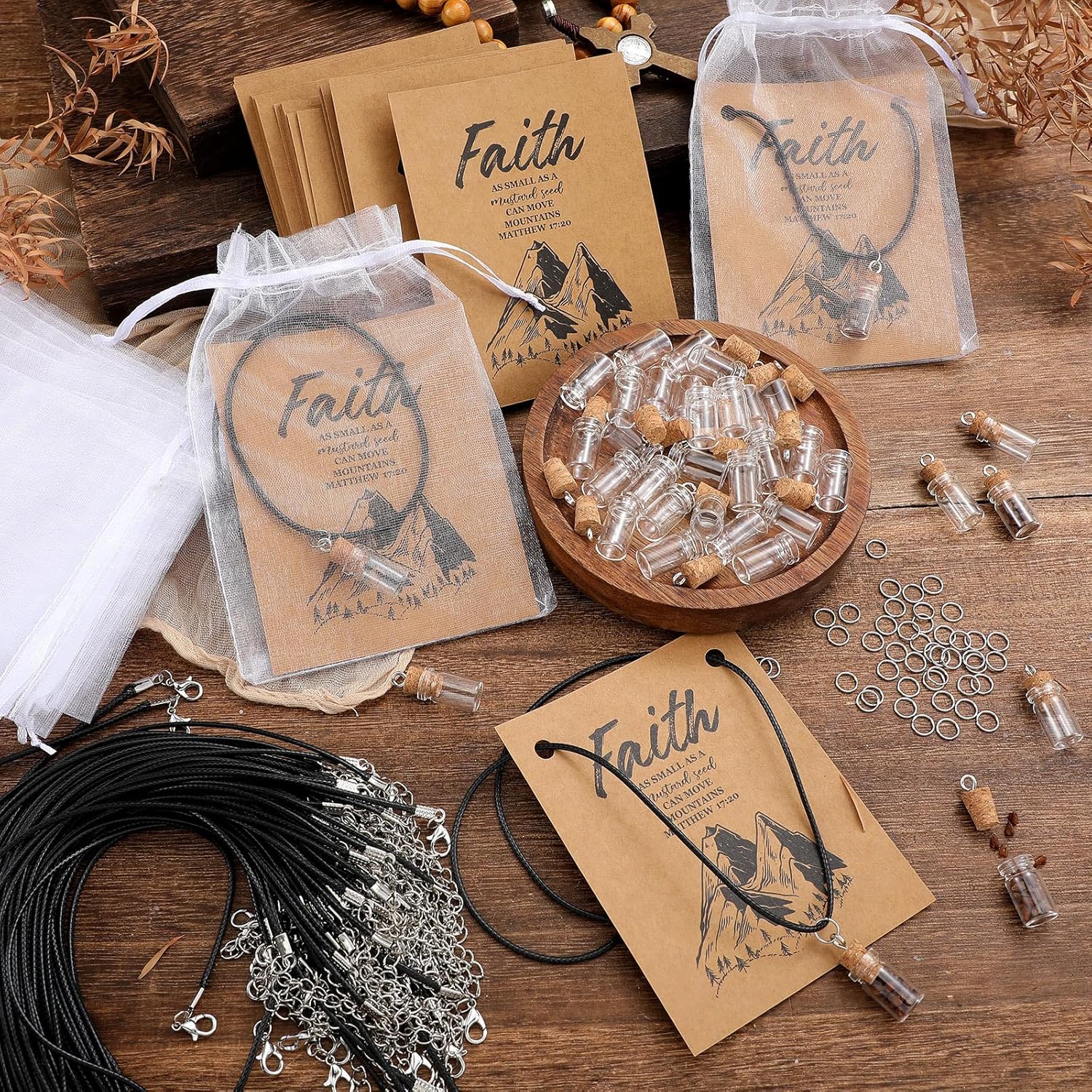 Teenyyou Mustard Seed Faith Necklace Christian Gifts for Woman DIY 0.5ml Mini Glass Jars Craft Necklace with Christian Faith Cards Bulk Favors, Without Mustard Seed(Classic,100 Pack)