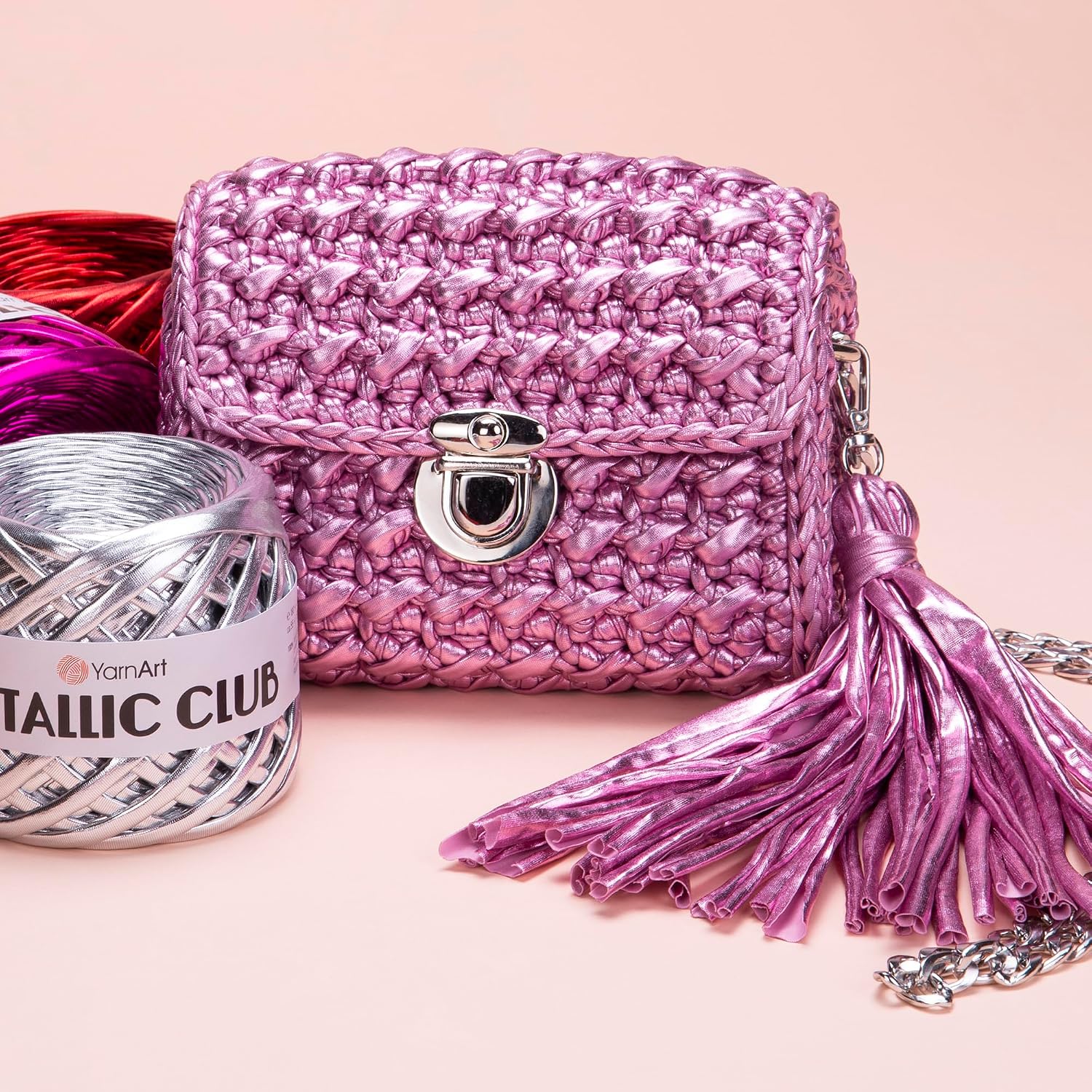 YarnArt Metallic Super Bulky T-Shirt Yarn - 100% Polyester, 6.35 oz / 180 gr, 60 yrds / 55 Meters - Shiny Colors - Handbag, Rug, Night Bag, Crochet Yarn (8120)