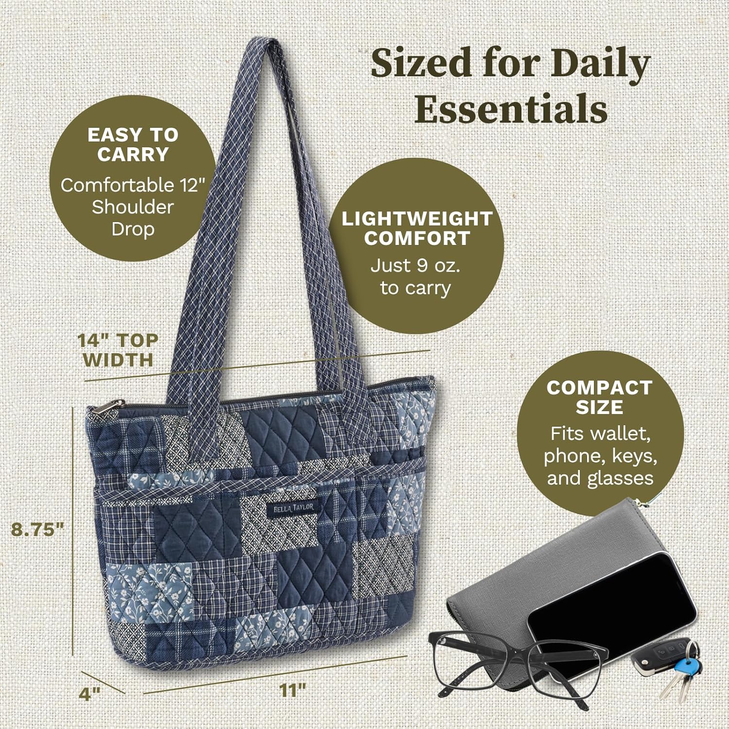 Bella Taylor Tote, Quilted Purse for Women, Lightweight Fabric Handbag, 10 Pockets, Zip Top