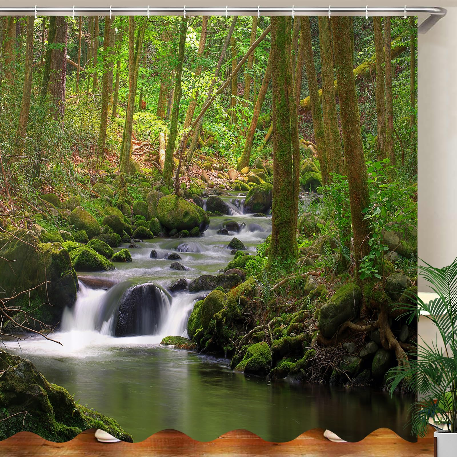 JOOCAR Garden Shower Curtain, Nature Flowing Stream Forest Waterfall Landscape Green Trees Mossy Rocks Themed Scenery, Waterproof Cloth Fabric Bathroom Decor Set with Hooks