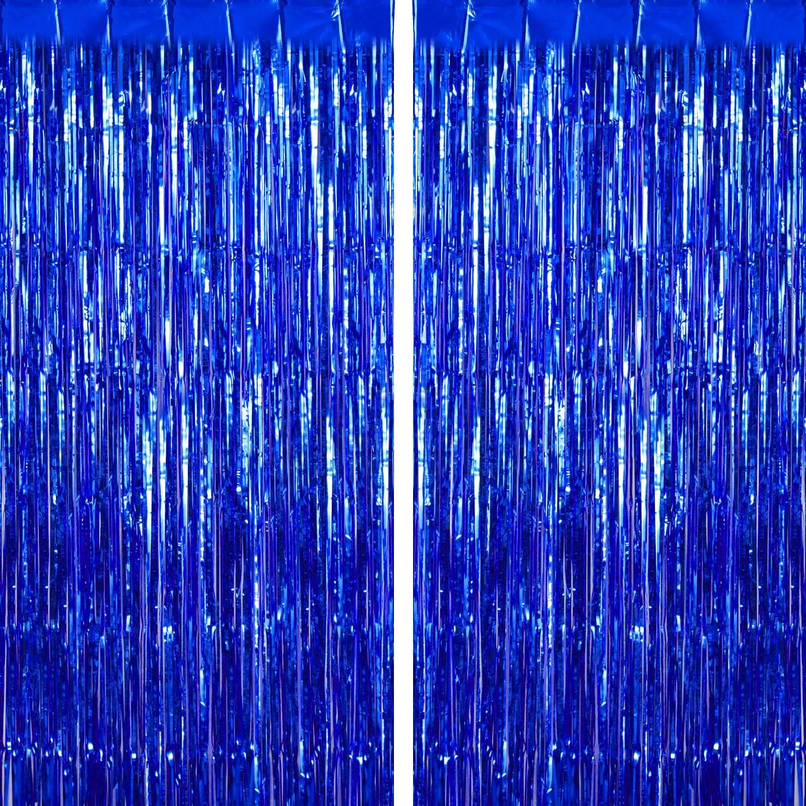 Blue Fringe Curtain Party Decorations 2 Pack, Foil Fringe Backdrop Curtains for