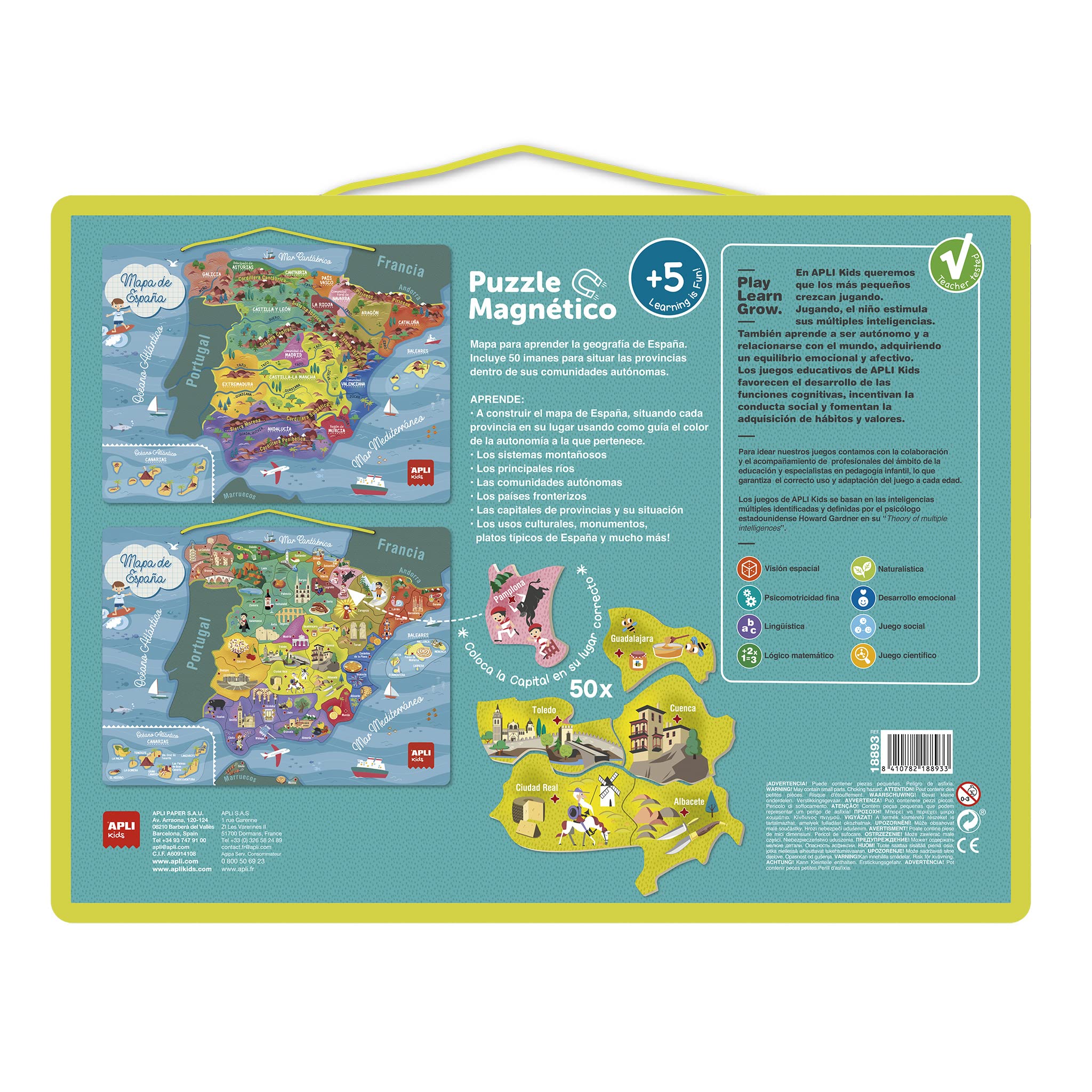 APLI Kids 18893 - Puzle magnético Mapa de España - Juego de 50 imanes para Aprender la geografía de España - para niños a Partir de 5 años