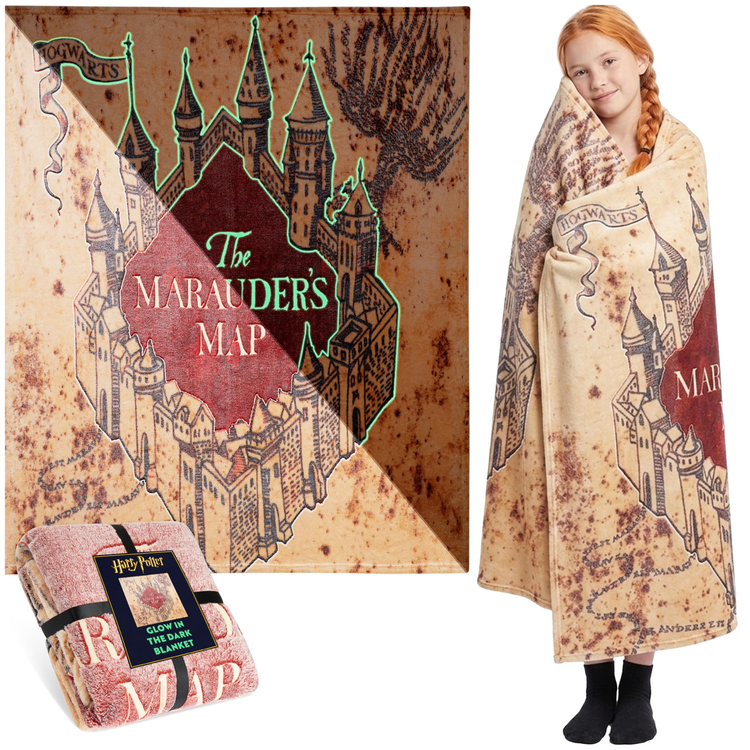 Harry Potter Coperta Che Si Illumina al Buio 130x150cm, Marauder’s Map Coperta Plaid Pile Morbide per Divano e Letto, Si Illumina Dopo 10-30 Minuti, Idea Regalo