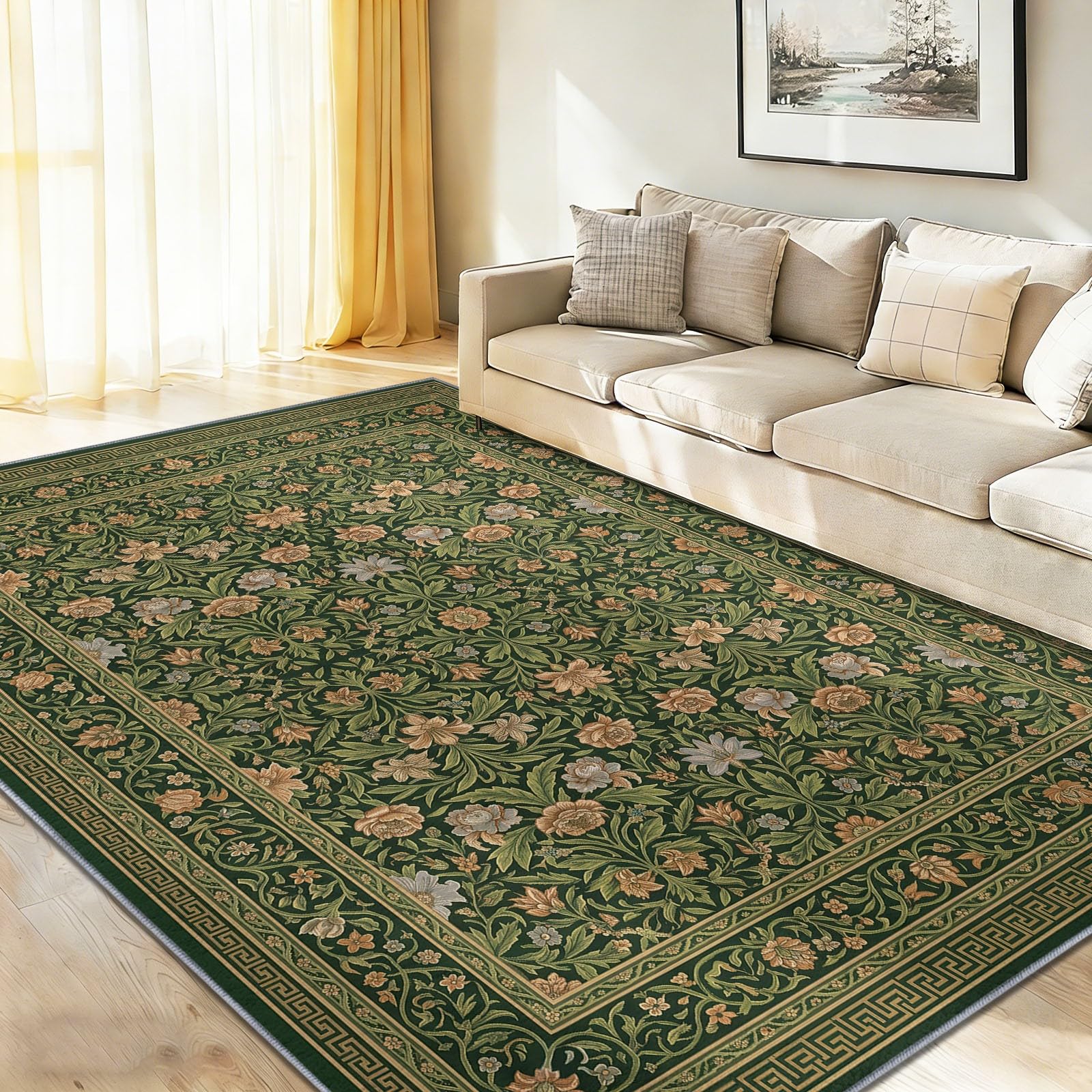 Art Deco Nature Interieur Tapis 60 x 90 cm Vert Poil Ras, AntidéRapant Tapis | Tapis Salon, Chambre Adulte Tapis,Descente de Lit, Salle a Manger, Bureau | Fleurs Feuillage Cadres Rectangulaires