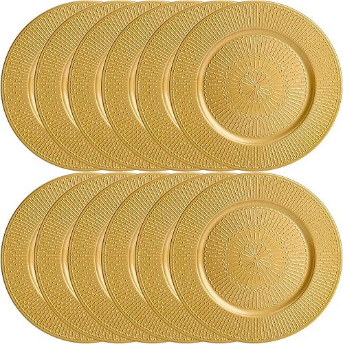 Miniatura 4 de DEAYOU Paquete de 12 platos de carga dorados, cargadores de cuentas de 13 pulgadas para platos de cena, platos de carga redondos reutilizables de