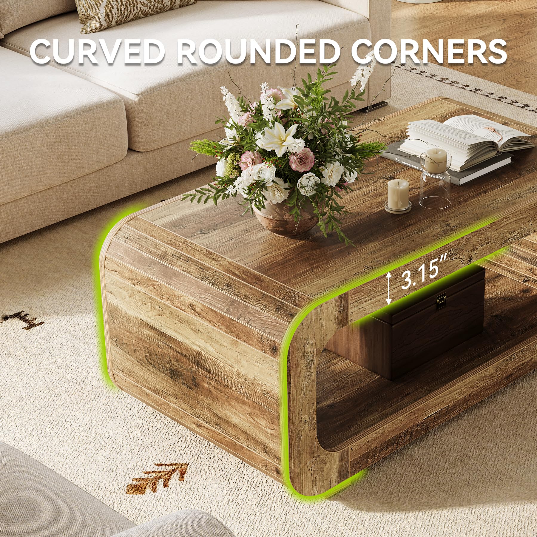 Tribesigns Couchtisch 120 cm mit offenem Stauraum, Rechteckiger Holz Wohnzimmertisch, Sofatisch mit 2 Ablagen, Kleiner Beistelltisch für Homeoffice, Wohnzimmer, Rustikal Braun