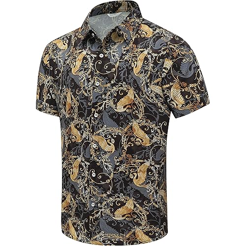 SheLucki Hawaiian Shirt for Men, Unisex Summer Beach Casual Short Sleeve Button Down Shirts, Printed Palmshadow Clothing