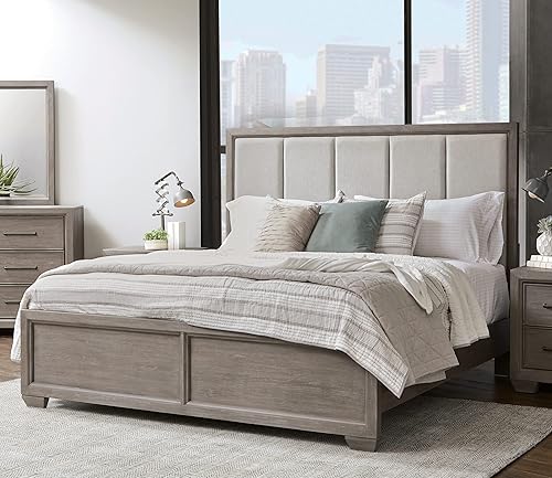 Roundhill Furniture Ennesley Gray Wood Upholstered Panel Bed, King Size