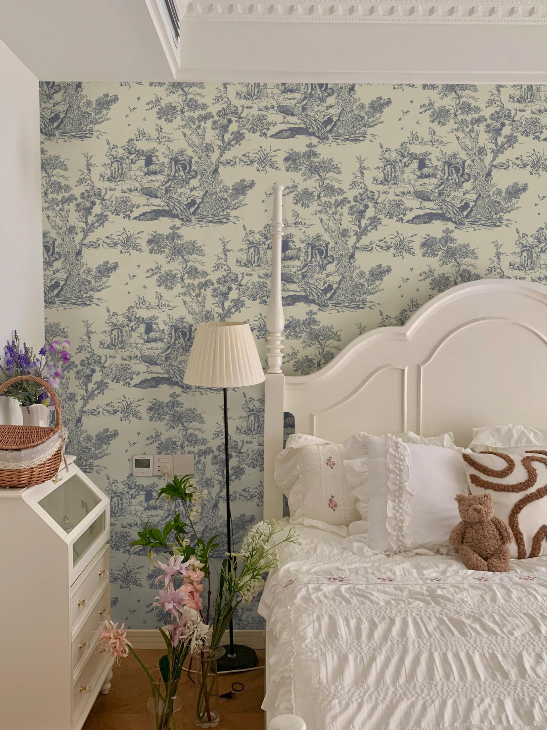 Papel tapiz autoadhesivo azul y beige, 41 cm x 10 m, papel tapiz vintage para despegar y pegar, papel tapiz de árbol y animales, papel tapiz de vinilo impermeable para sala de estar, muebles de