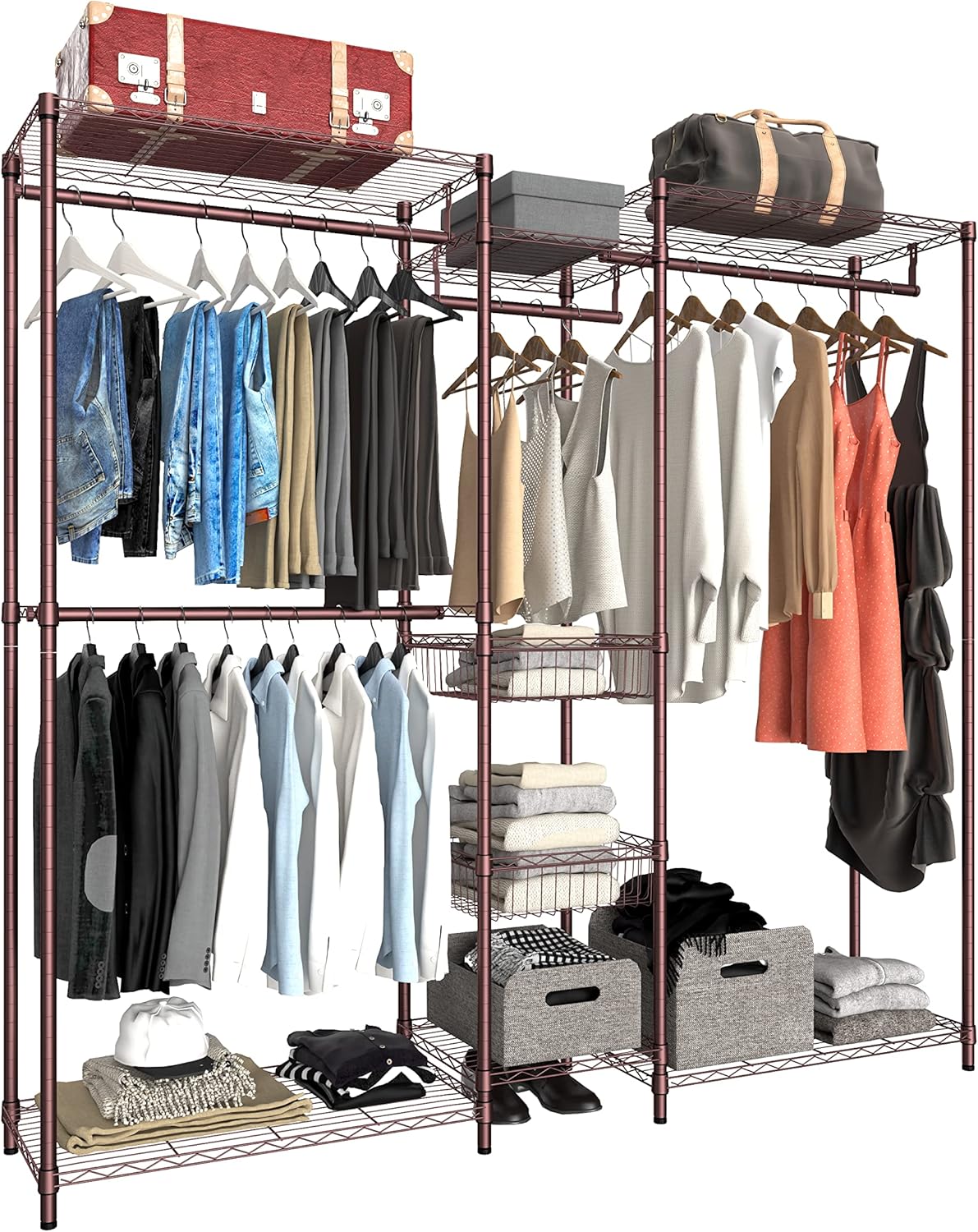 Xiofio Freestanding Heavy Duty Clothes Rack, Wire Clothing Rack with Hanging Rod,Adjustable Shelves & 2 Slid Fixed Baskets,60.7" L x 15.7" W x 75.6" H Max Load 720LBS,Black.