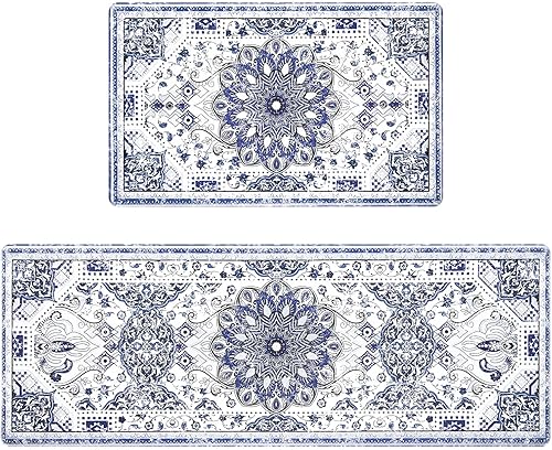 Miniatura 3 de ASPMIZ Juego de 2 tapetes de cocina bohemios azules y grises antideslizantes, acolchados antifatiga, juego de alfombras y tapetes de cocina