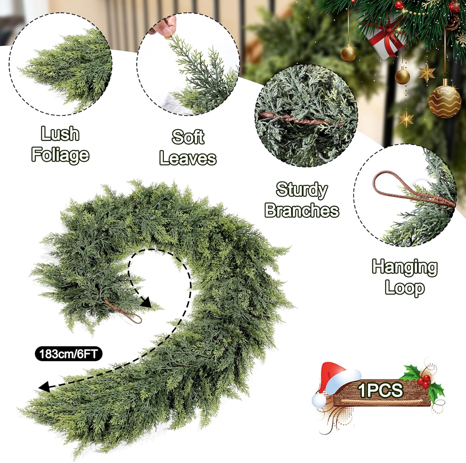 6ft Real Touch Cedar Garland Artificial Realistic Christmas Greenery Pine Garland with 150 Cedar Branches for Mantle, Fireplace, Table, Stairs, Doorframe, Window, Outdoor Indoor Xmas Decor - Image 3