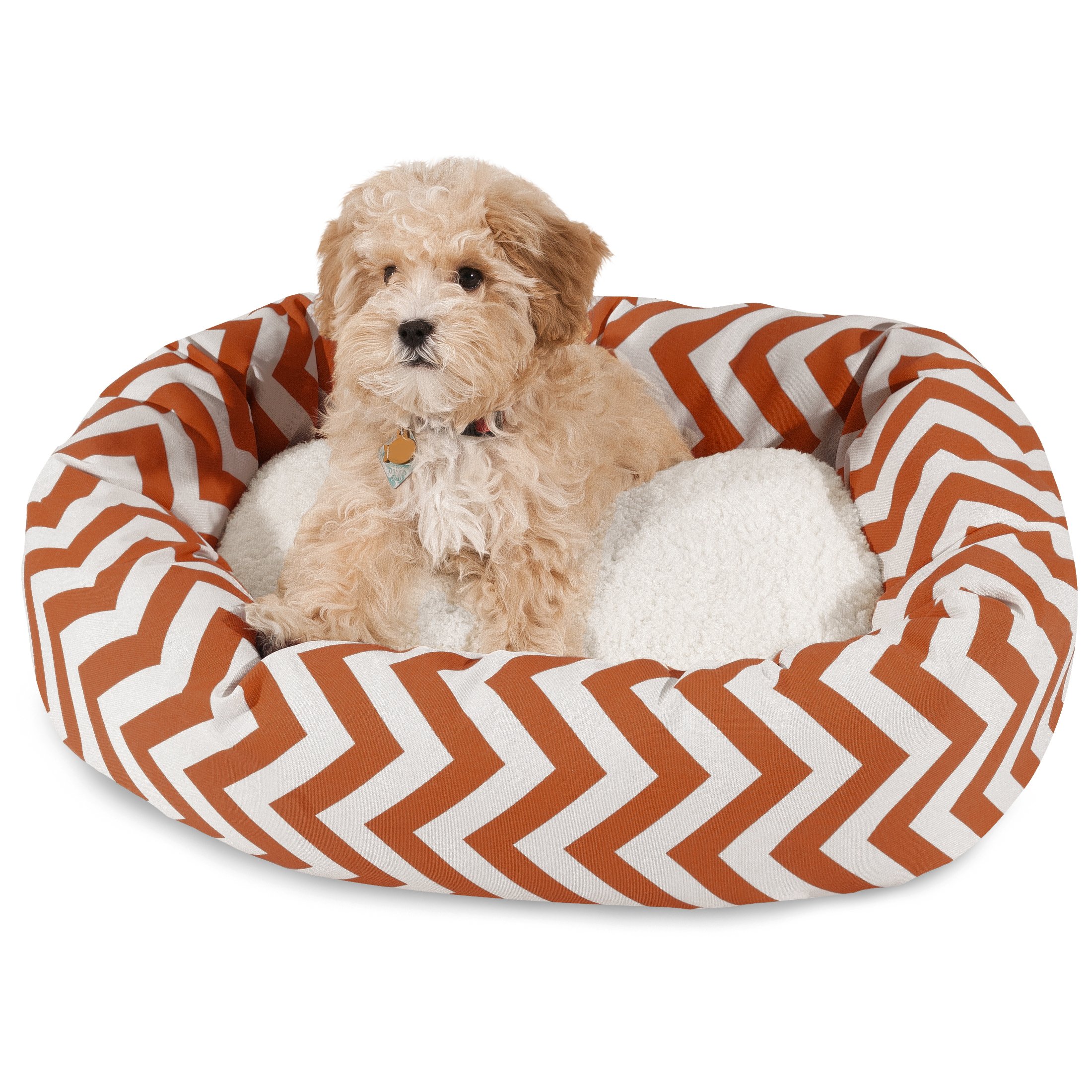 Majestic Pet 24 Inch Chevron Sherpa Calming Dog Bed Washable – Cozy Soft Round Dog Bed with Spine for Head Support - Fluffy Donut Dog Bed 24x19x7 (inch) – Round Pet Bed Small - BURNT ORANGE