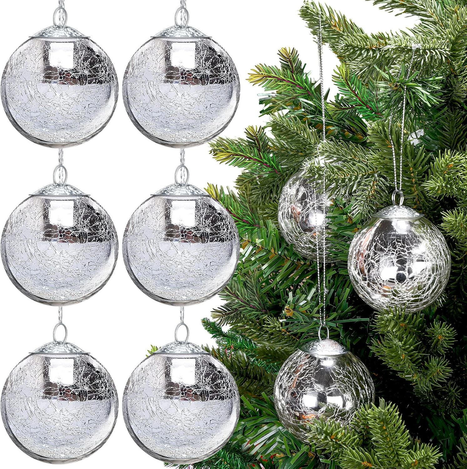 12 Pcs Christmas Glass Ball Ornaments 2.4 in Crackle Mercury Vintage Ball Christmas Hanging Mirror Glass Balls Xmas Ornaments Party Gift Tree Decoration