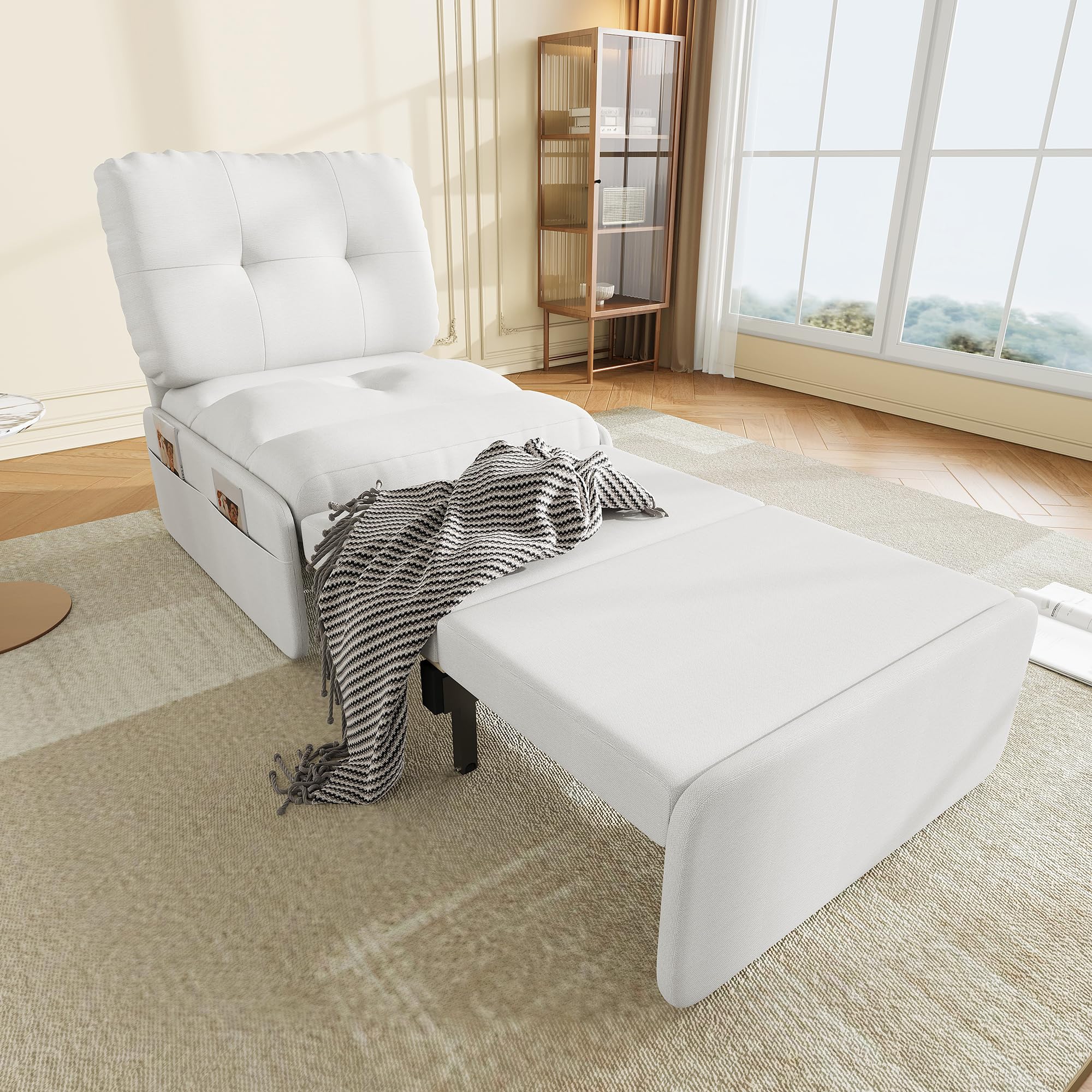Fotel 1-osobowy z funkcją spania bez podłokietników Rozkładana sofa z funkcją łóżka, sofa z funkcją spania, pościel z lnu, ładowność 136 kg, łóżko dla gości, fotel jednoosobowy do salonu