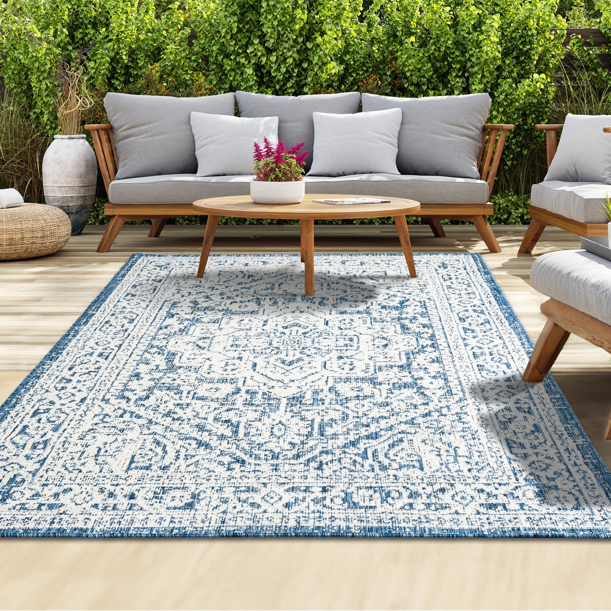 homeart Outdoor Rug - Easy-Clean, Durable, Stain-Resistant, Weather & UV Resistant Indoor & Outdoor Rugs for Porch, Deck, Balcony, Garden, Picnic and Patio | Medallion Blue, Cream - 80x150cmOEKO-TEX STANDARD 100
