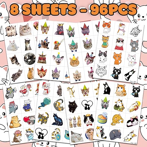 Miniatura 3 de 96 piezas de tatuajes temporales precortados para niños, gatos, gatos, mascotas, suministros de fiesta de cumpleaños, recuerdos, 8 hojas de