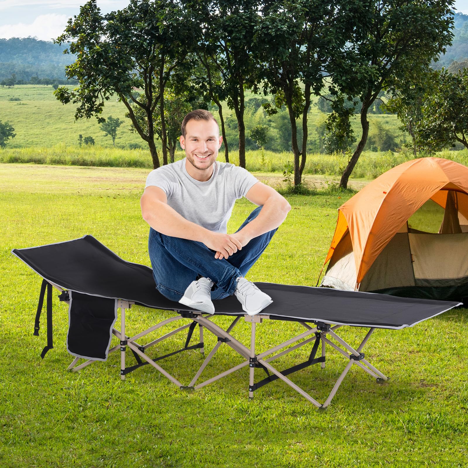 Folding Camping Cot for Adults with Carry Bag, Side Pocket, Outdoor Portable Sleeping Bed for Travel, Camp, Vacation, 330 lbs. Capacity, Black