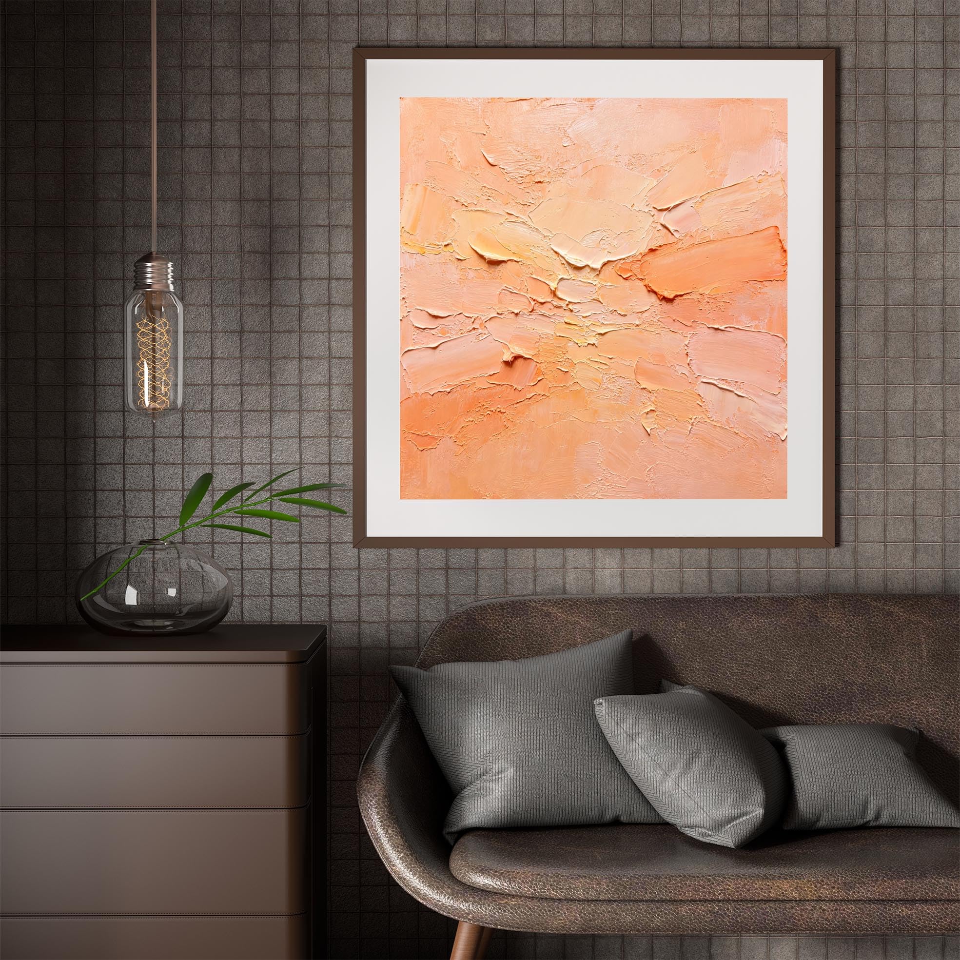 Pintura Al Óleo Abstracta En Tonos Neutros De Melocotón Y Naranja Pintada A Mano con Técnica Impasto Sobre Lienzo. Arte Mural Moderno Minimalista En Tonos Cálidos Estilo Wabi-Sabi para Sala De E