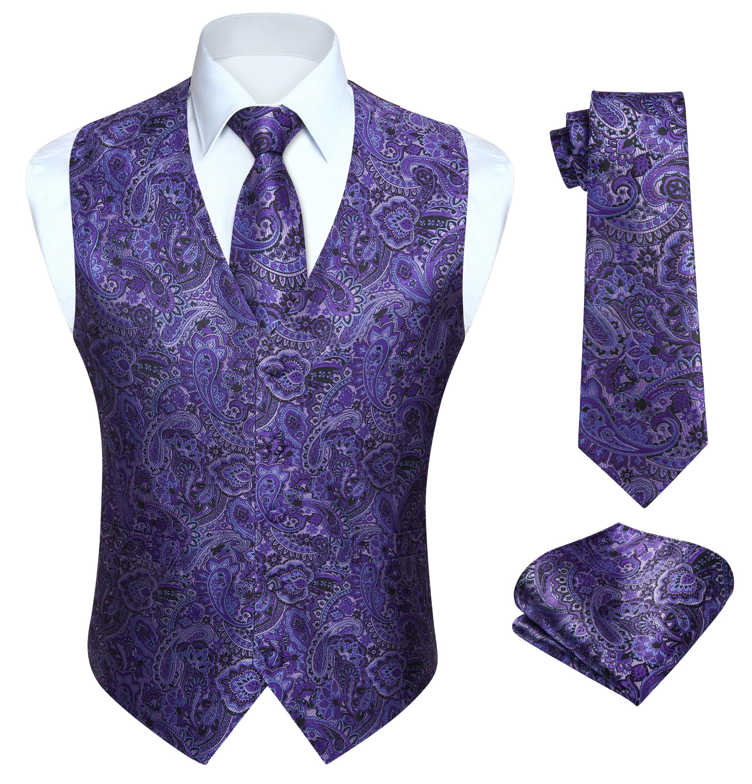 HISDERN Vest and Tie Sets for Men Vests Paisley Floral Jacquard Necktie Pocket Square 3PCS Waistcoat for Suit or Tuxedo