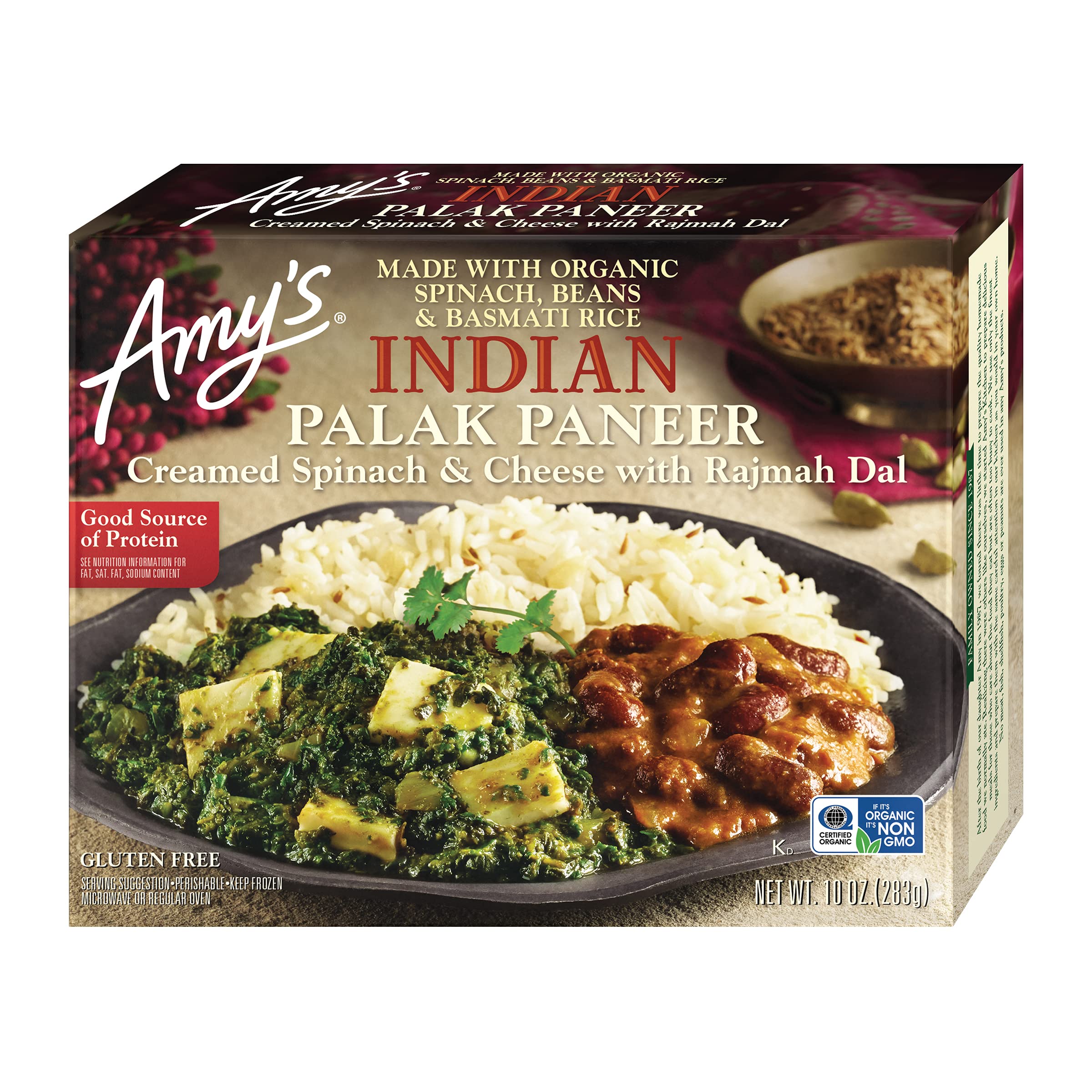 Amy's Frozen Meals, Indian Palak Paneer, Made with Basmati Rice, Cheese, Organic Spinach & Beans, Gluten Free, 10 oz.