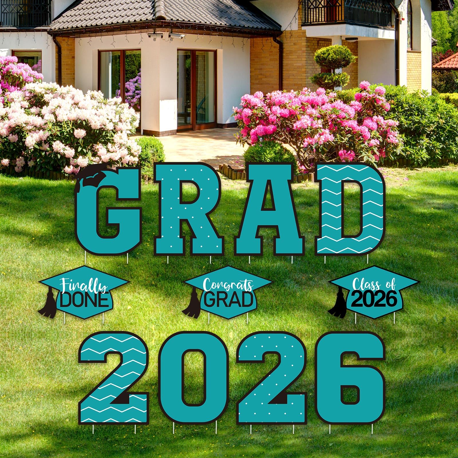 Tatuo 11 Pcs Graduation Yard Sign Decorations Congrats Graduation Lawn Signs 2025 Grad Yard Decor with 23 Stakes for Outdoor Grad Party(Simple Style,Teal) โ image 1