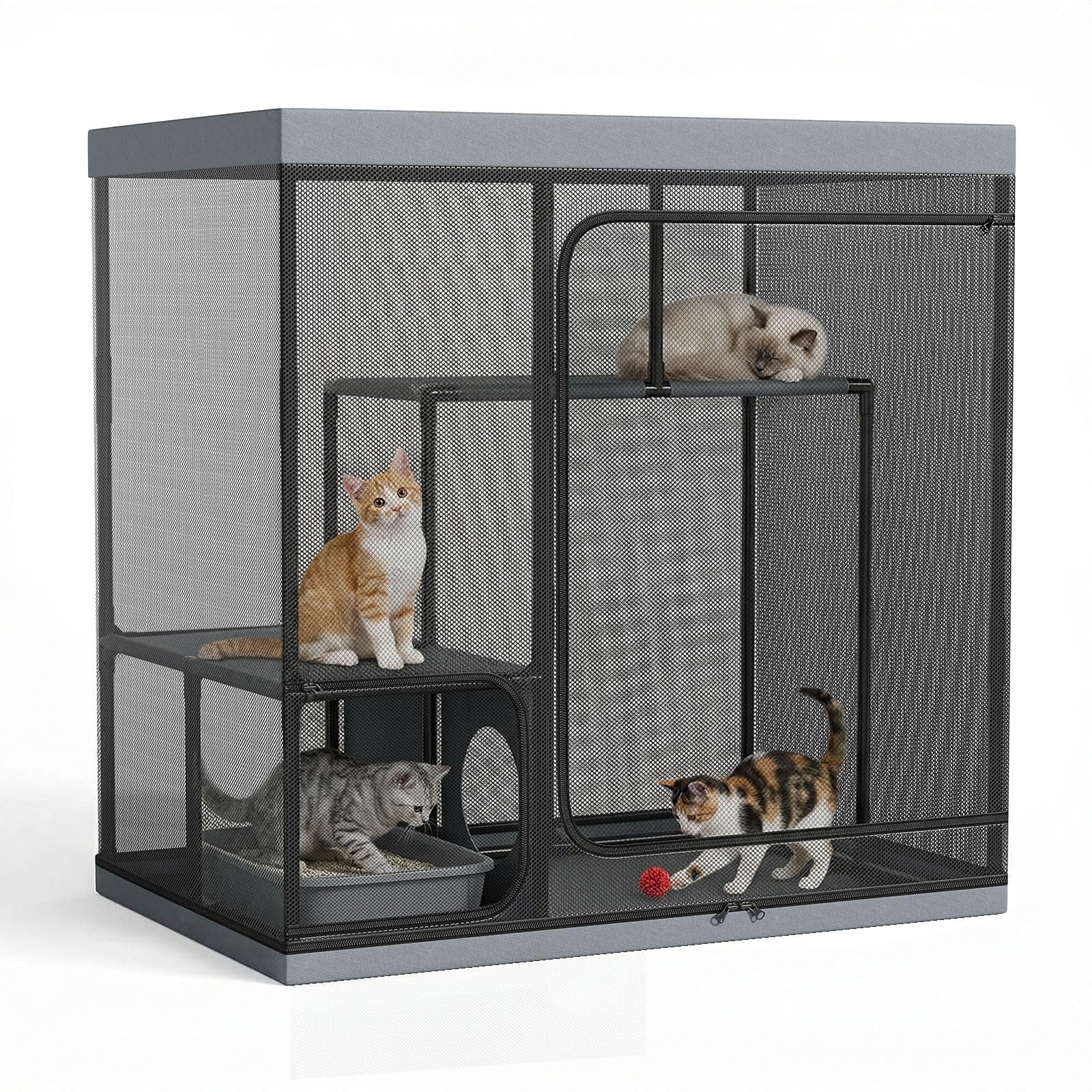LitaiL Catio Parc Extérieur pour Chats 127 cm 3 Niveaux avec Tente en Maille